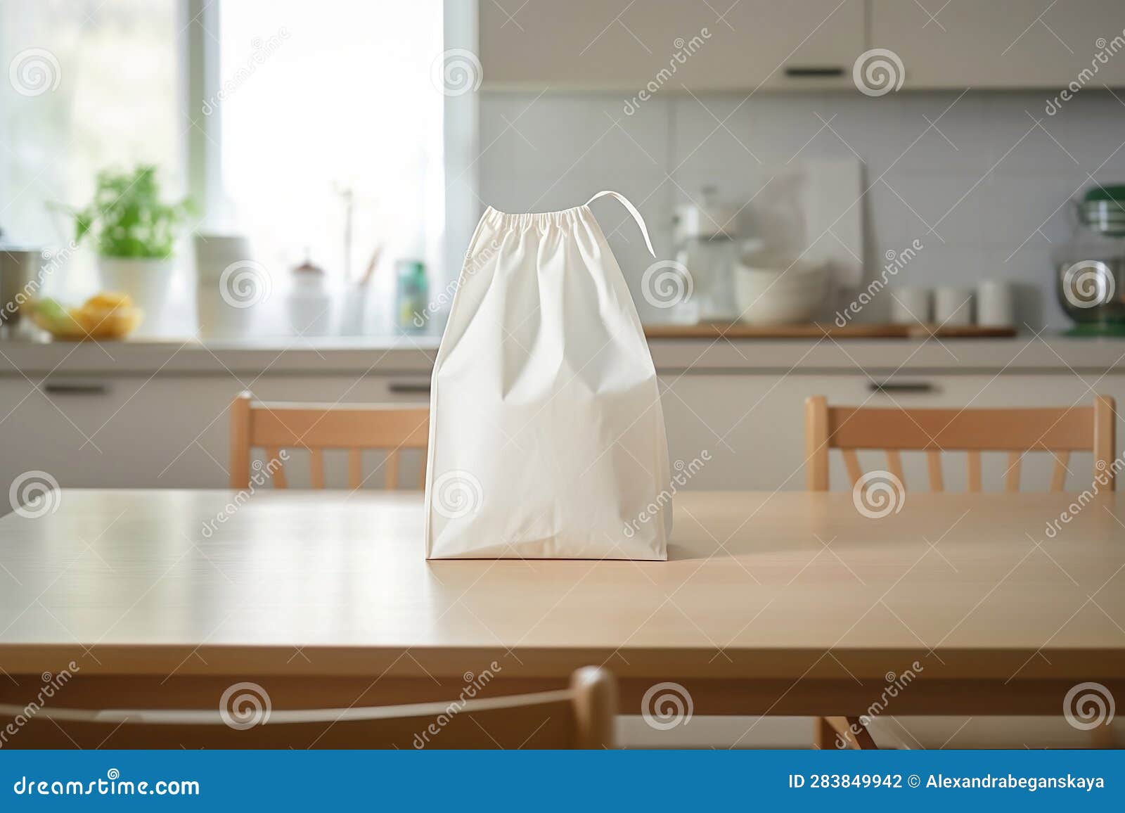 A Mockup of a White Bag is on the Kitchen Table Stock Illustration