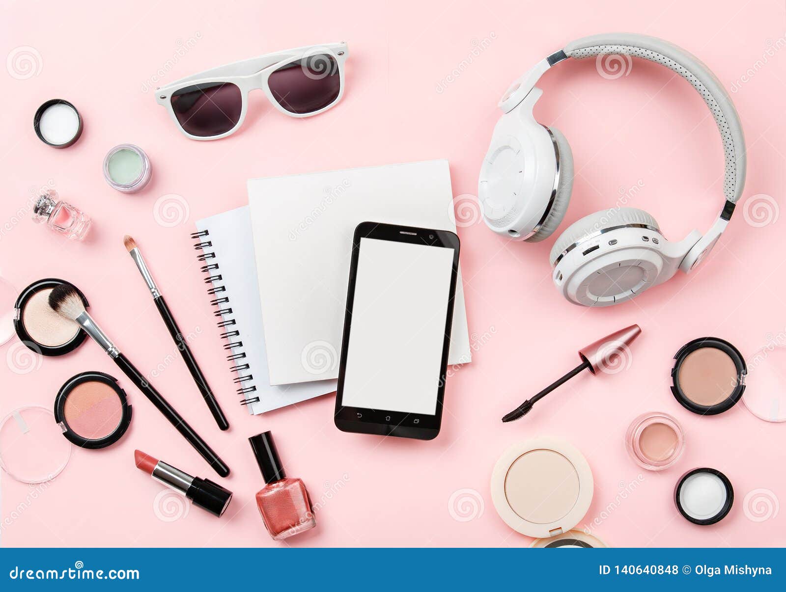 Download Mock Up Woman`s Cosmetics, Phone, Headphones And Glasses ...