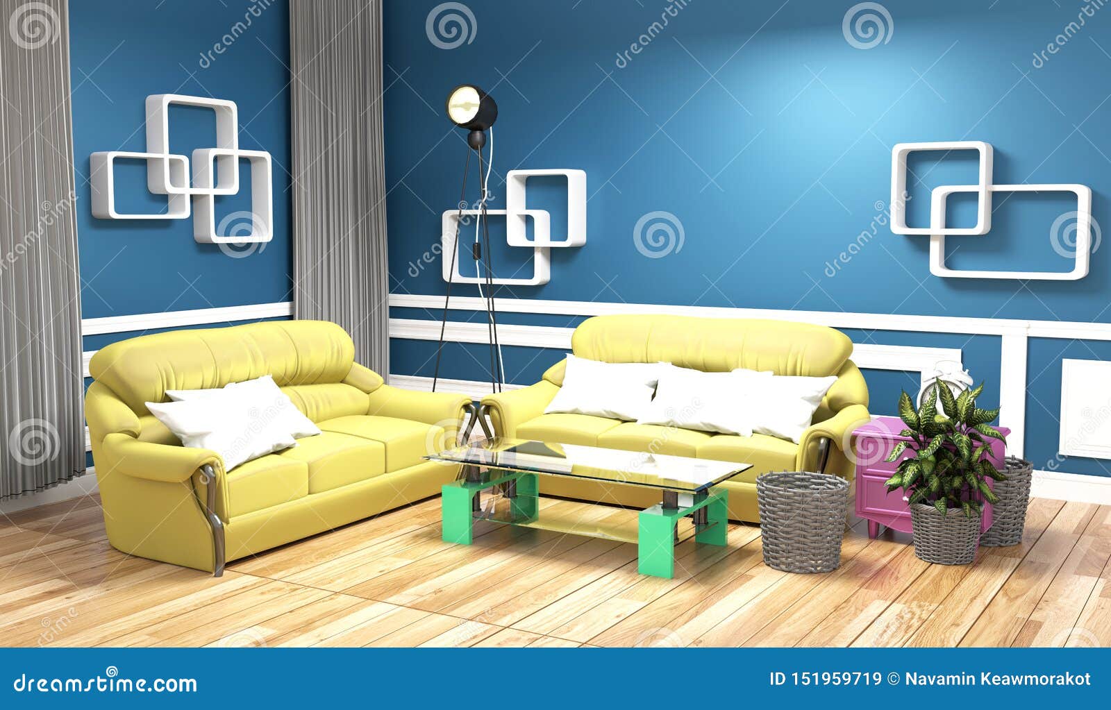 Yellow Sofa on Blue Wall Modern Interior .3d Rendering Stock