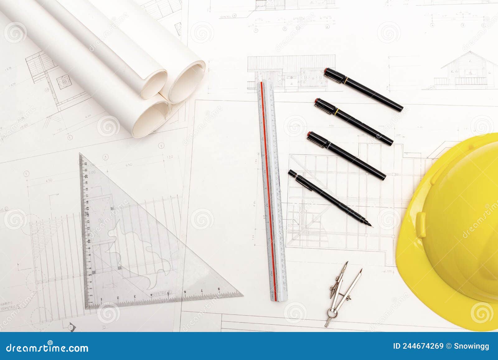 Mockup Of Architectural Concept, Drawing Tools And Engineer Drawing On ...