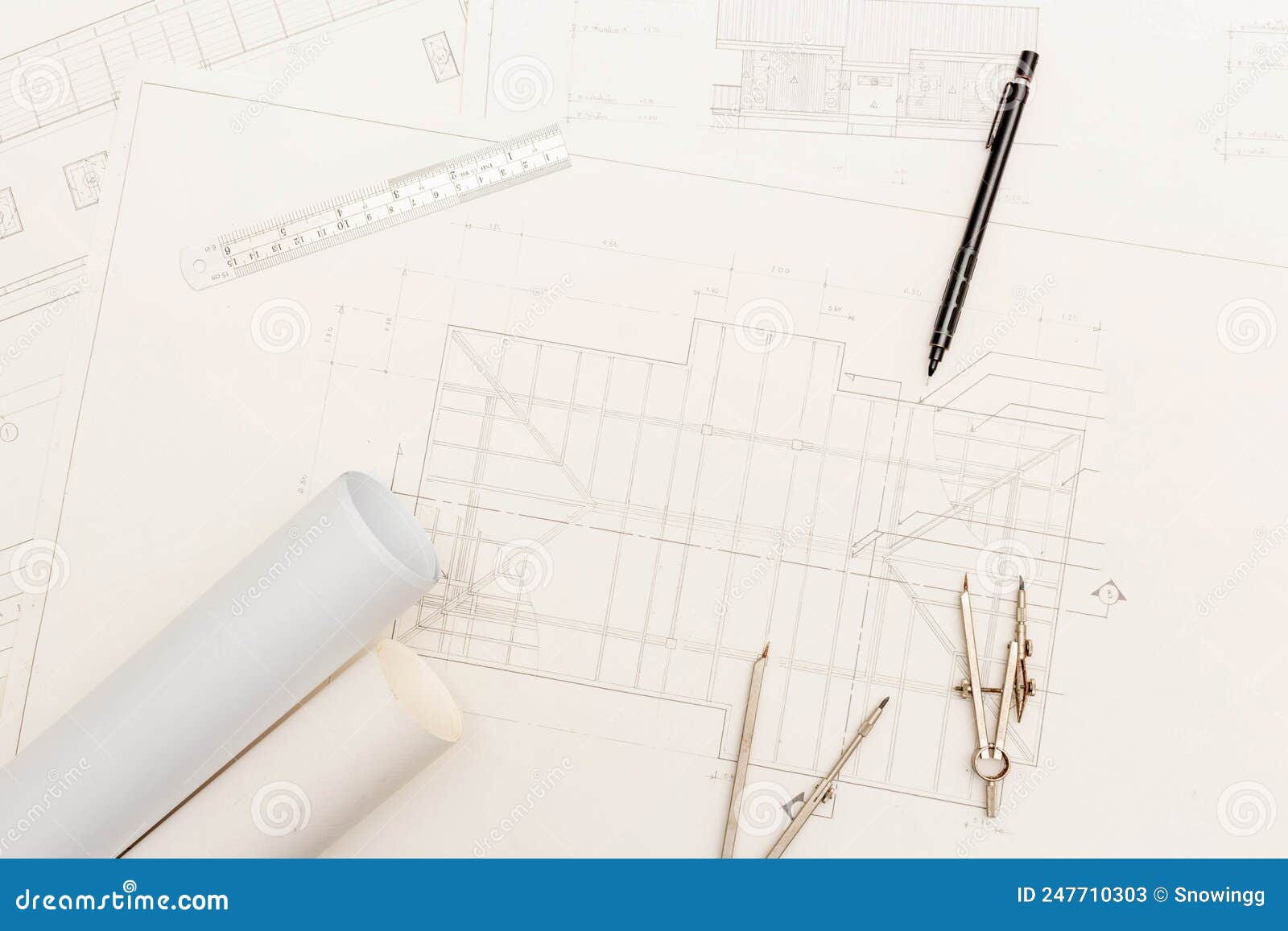 Mockup Of Architectural Concept, Drawing Tools And Engineer Drawing On ...