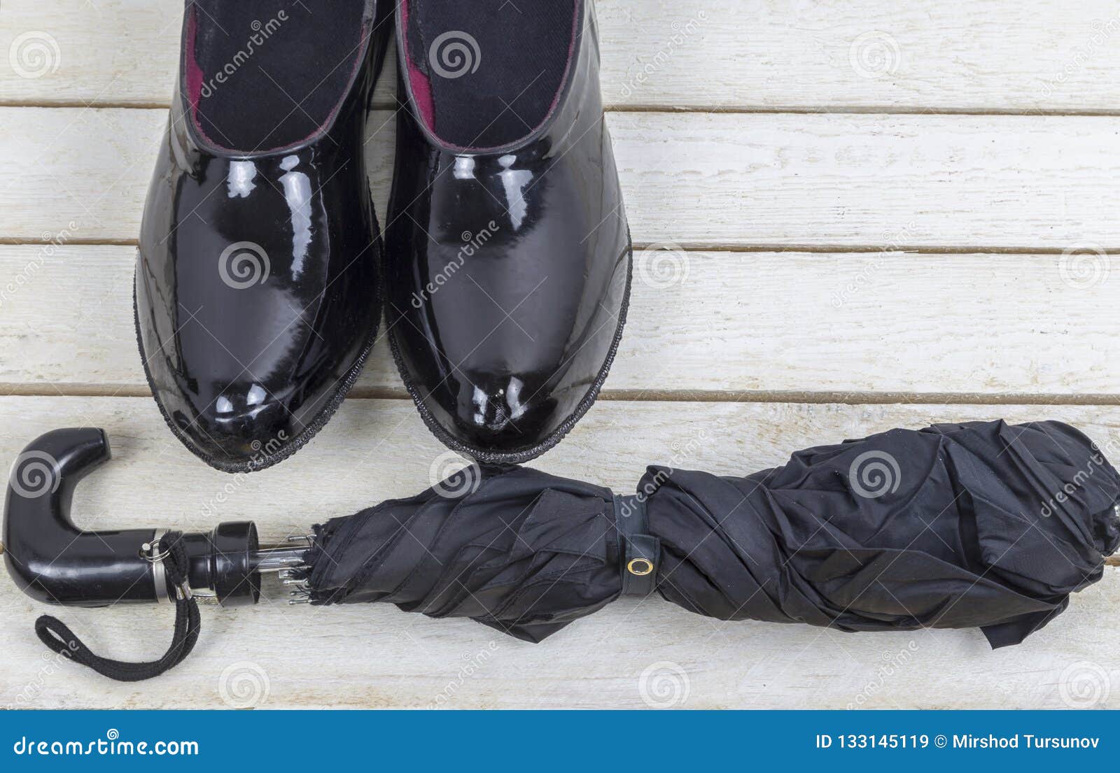 Download Mockup.Black Rubber Boots With Umbrella On White Wooden ...
