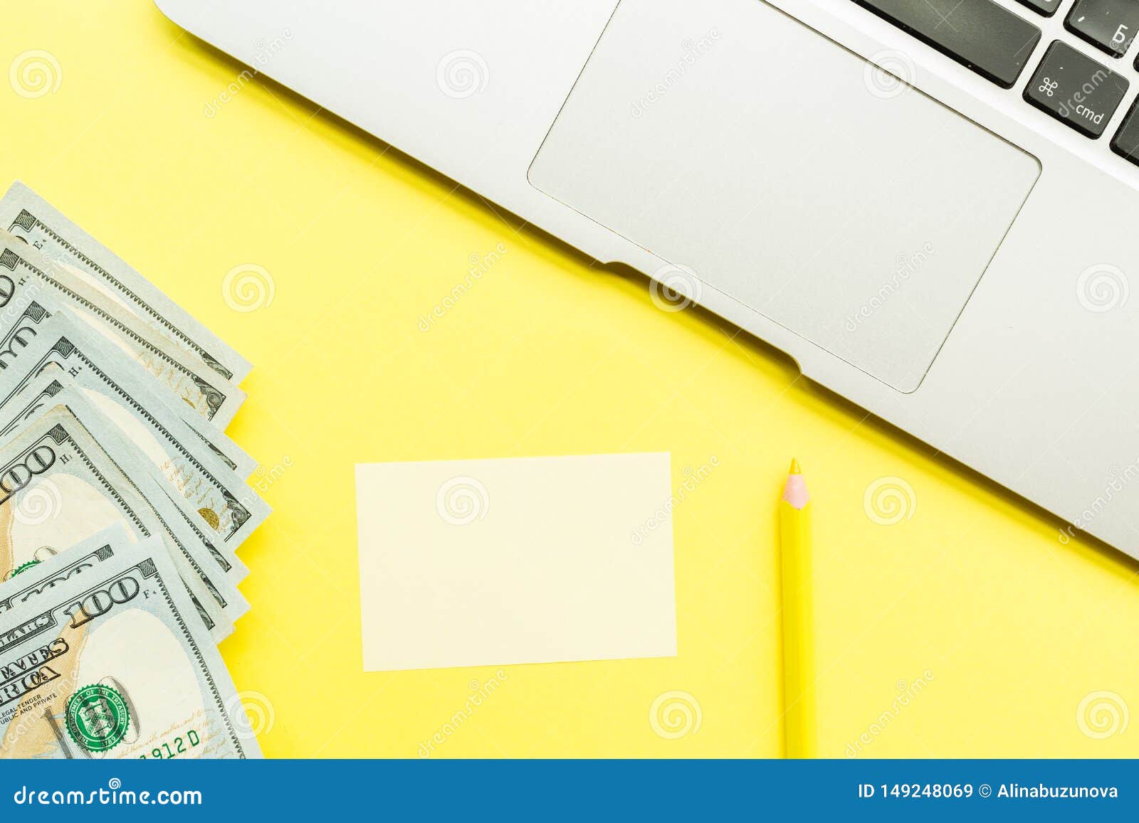 Download Mockup Blank Page With Laptop And Cash Money On Yellow Background. Top View With Copy Space For ...