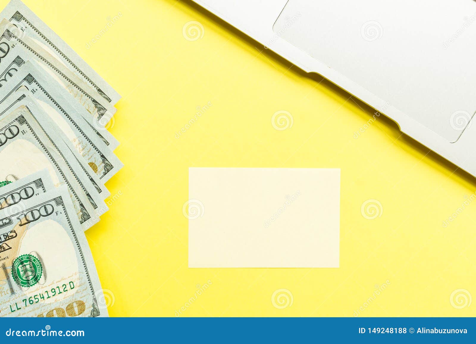 Download Mockup Blank Page With Laptop And Cash Money On Yellow Background. Top View With Copy Space For ...
