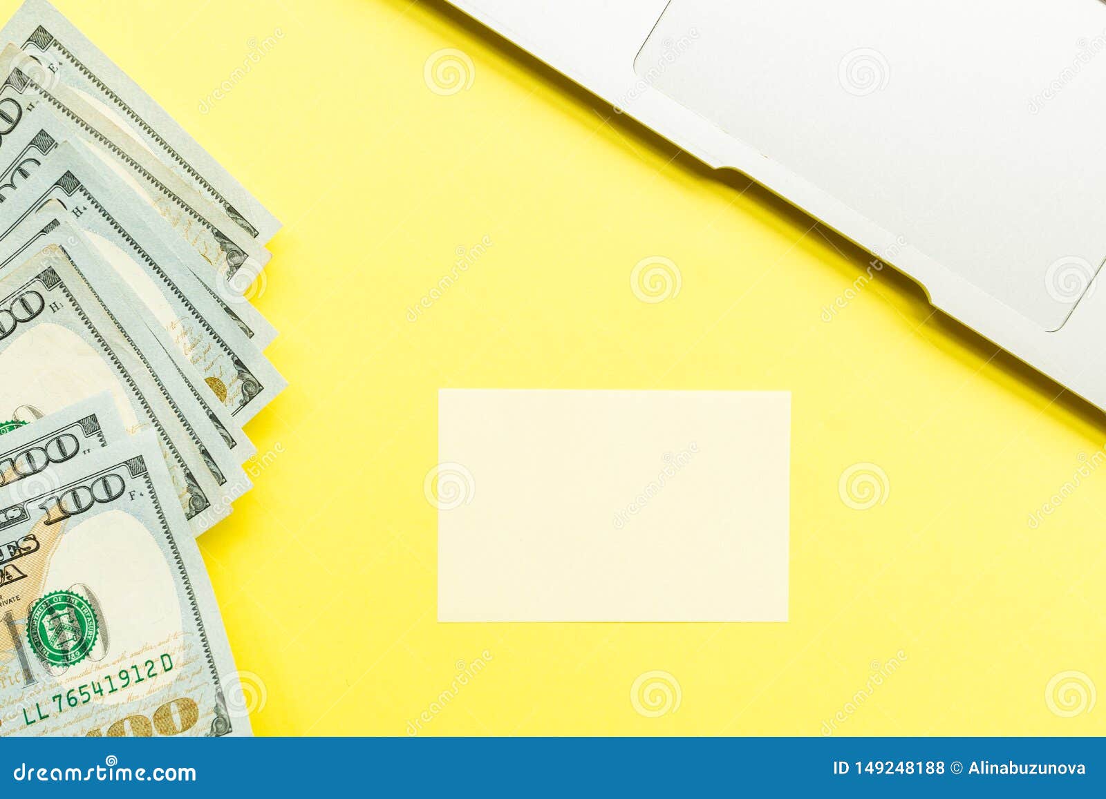 Download Mockup Blank Page With Laptop And Cash Money On Yellow Background. Top View With Copy Space For ...