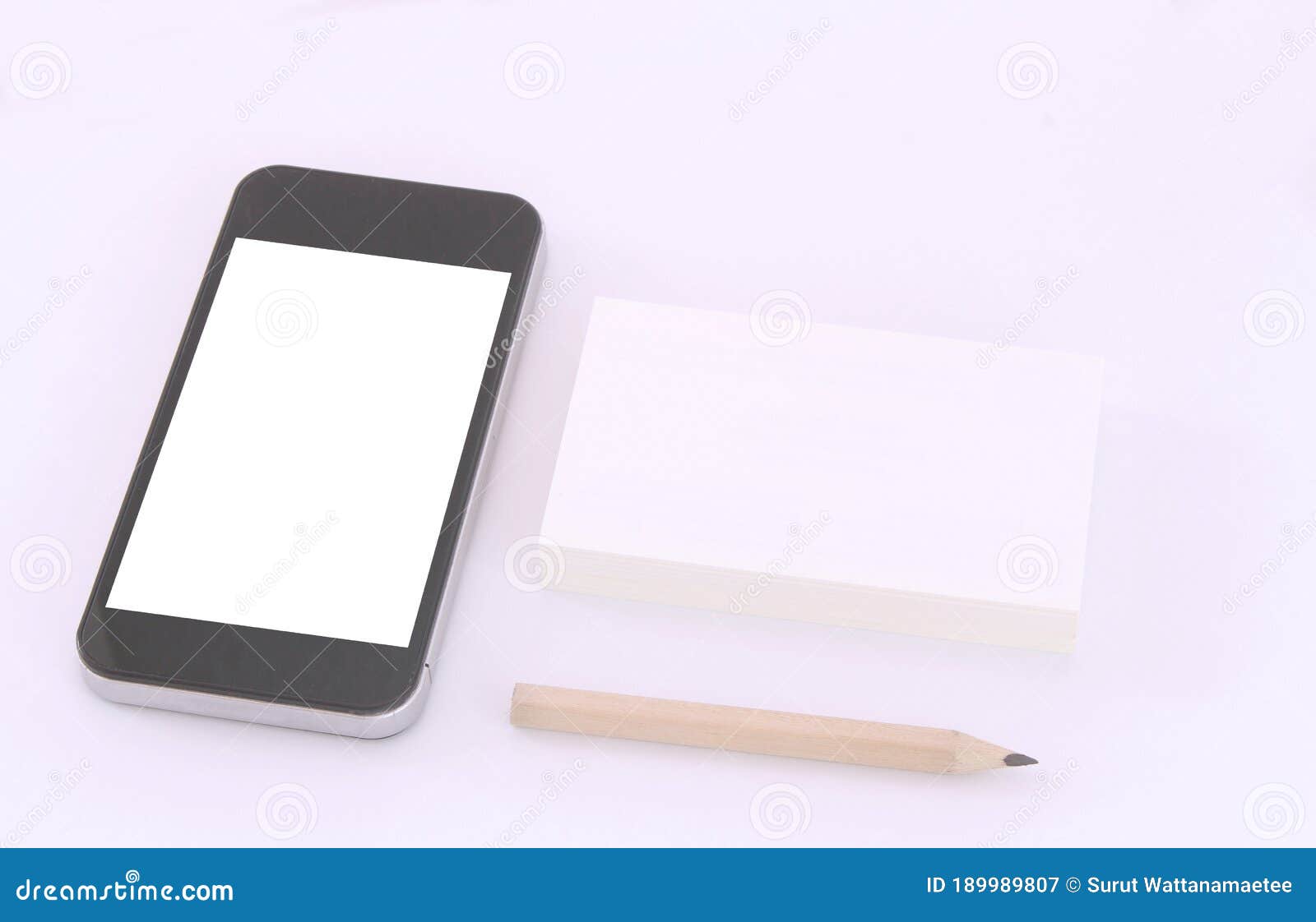 mockup of business cards with blank smart phone on white textured paper background