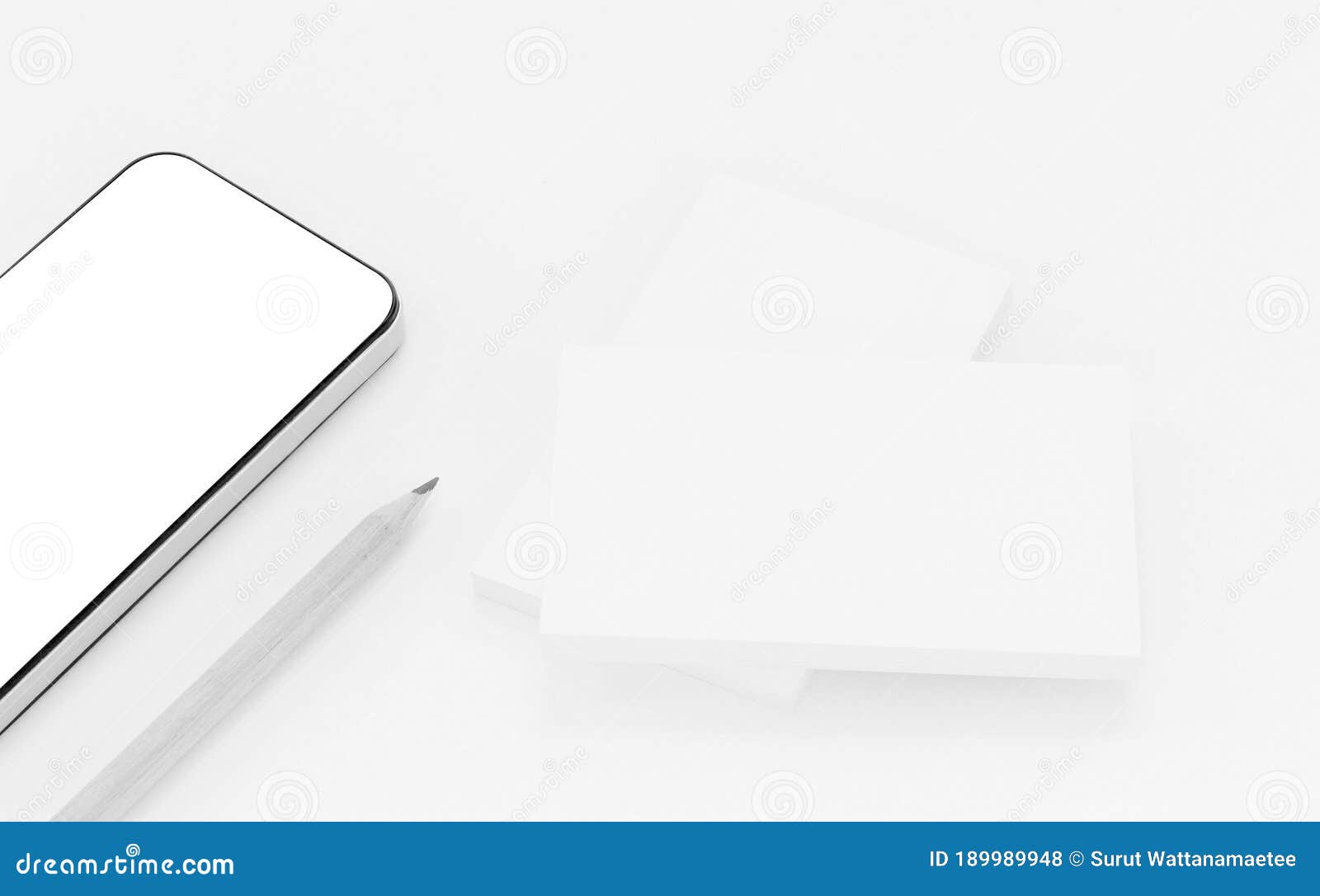 mockup of business cards with white smart phone on white textured paper background