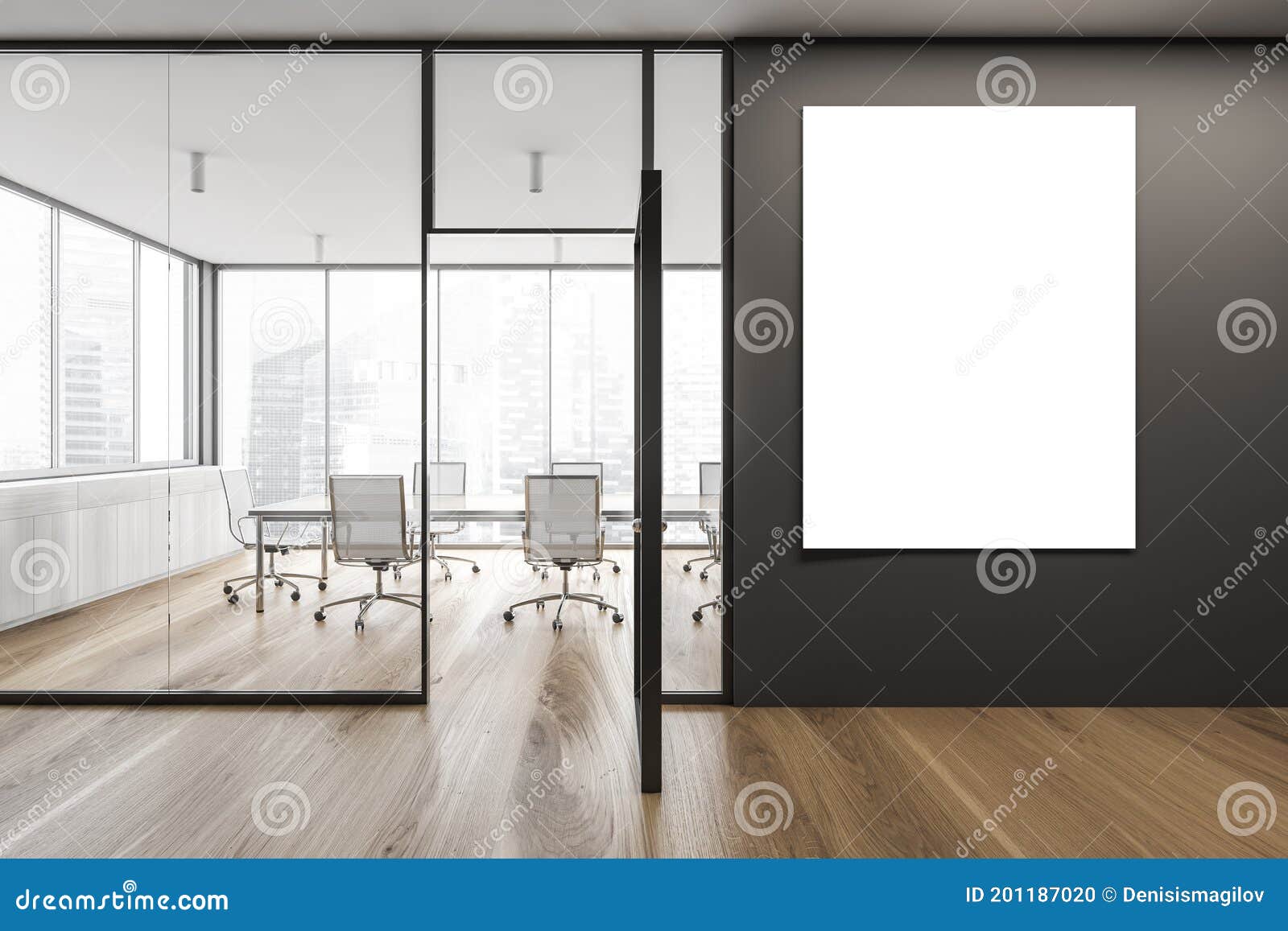 Download Mockup Canvas On Black Wall Near White Office Meeting Room With Big Window Stock Illustration Illustration Of Finance Office 201187020