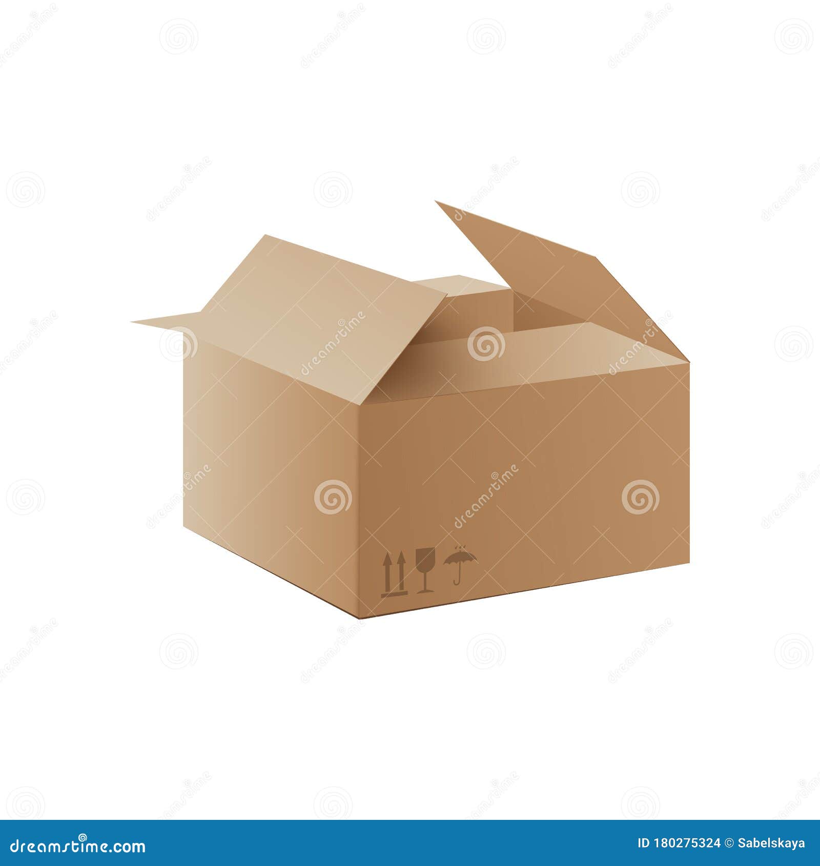 Open cardboard box. Parcel mockup. White blank template