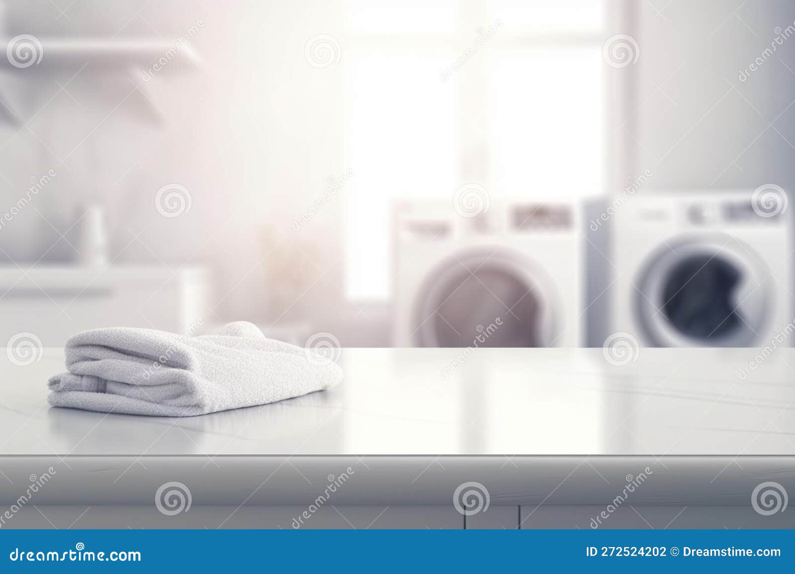 Mockup for Design of Empty White Table in Laundry Room Created with Ai Generative Tools Stock