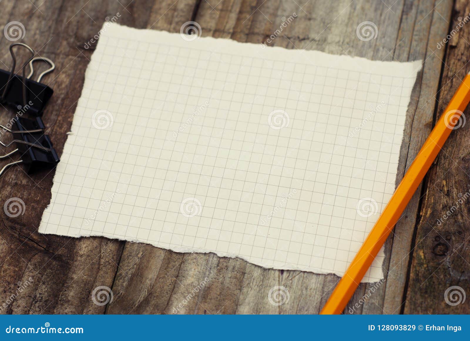 mockup. empy blank page paper,yellow pencil for drawing or writing, on a rustic wooden table. copy space. flat lay.