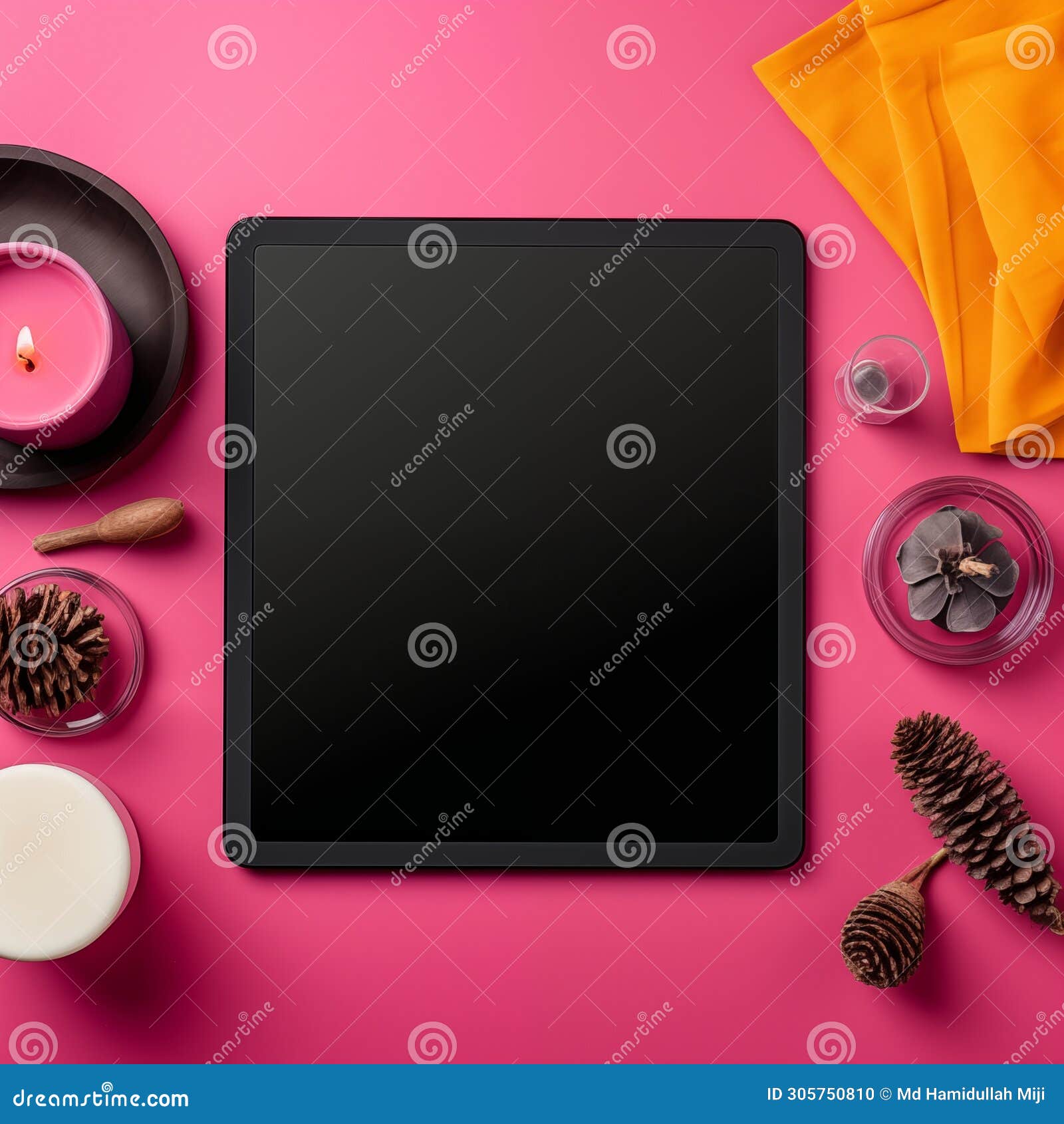 mockup features an empty tablet with a blank screen, positioned in a right side view.' the tablet is placed on a vibrant viva