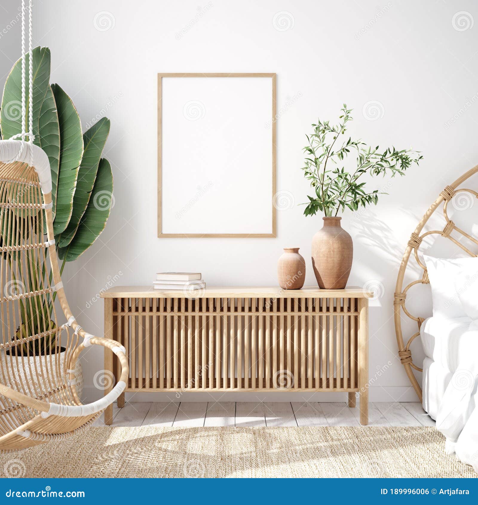 mockup frame in bedroom interior background, coastal boho style