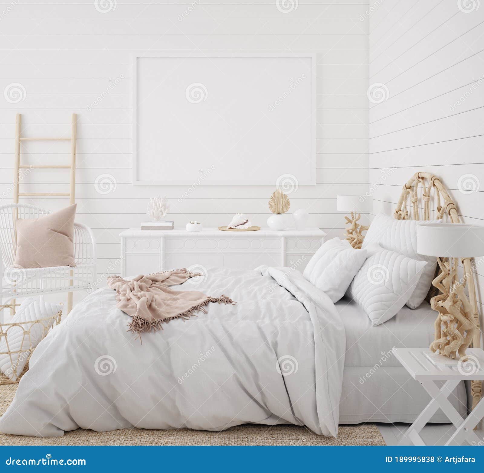 mockup frame in bedroom interior background, coastal boho style
