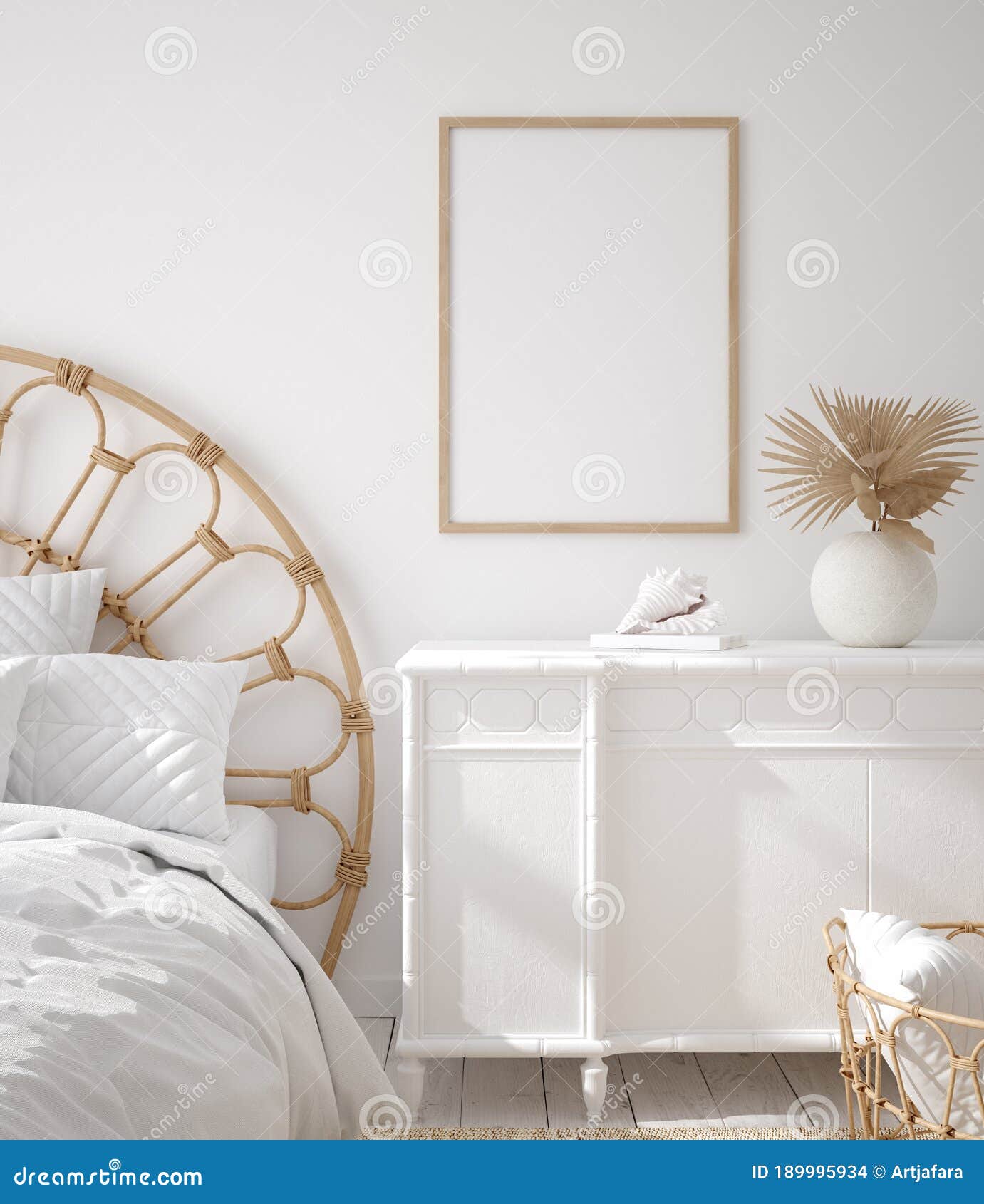 mockup frame in coastal boho style bedroom interior