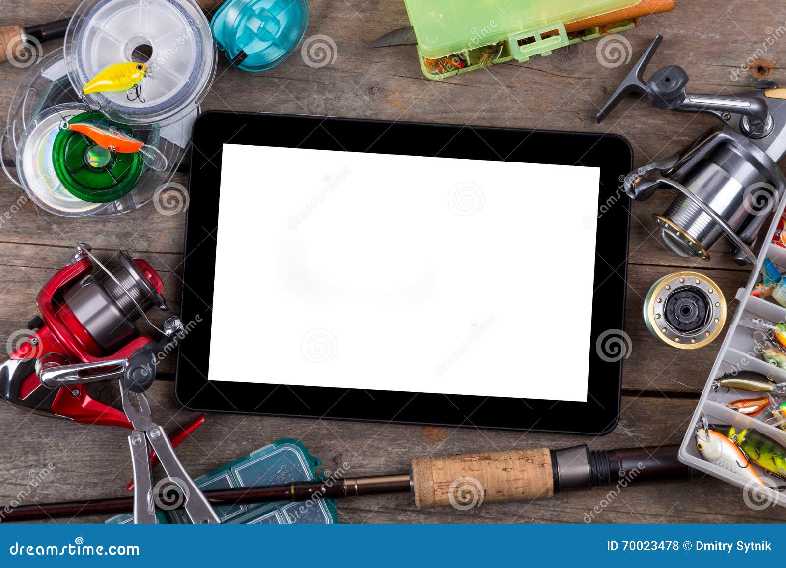 Download Mockup Frame Fishing Tackles Baits On Wooden Stock Photo Image Of Case Background 70023478