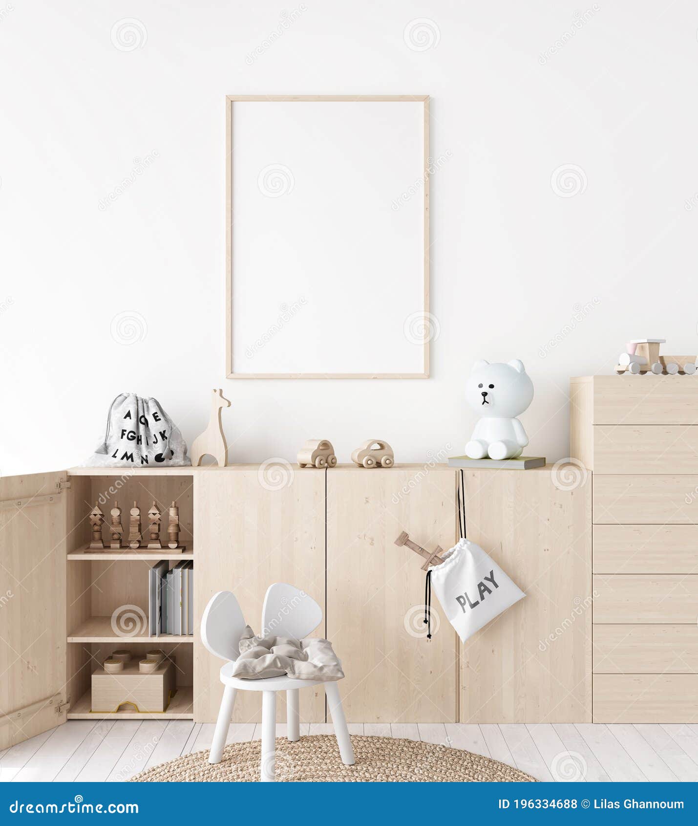 mockup frame in minimal unisex child bedroom with natural wooden furniture