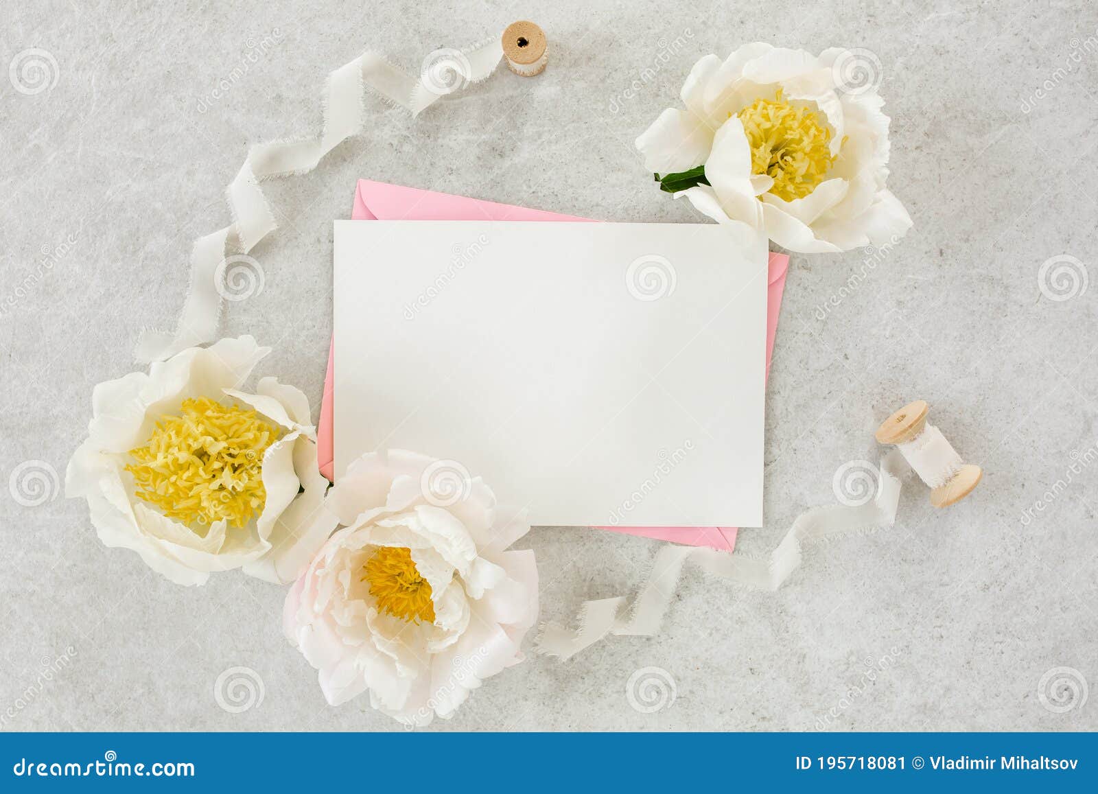 Download Mockup Invitation, Blank Paper Greeting Card, Pink Envelope And Peonies On Gray Stone Table ...