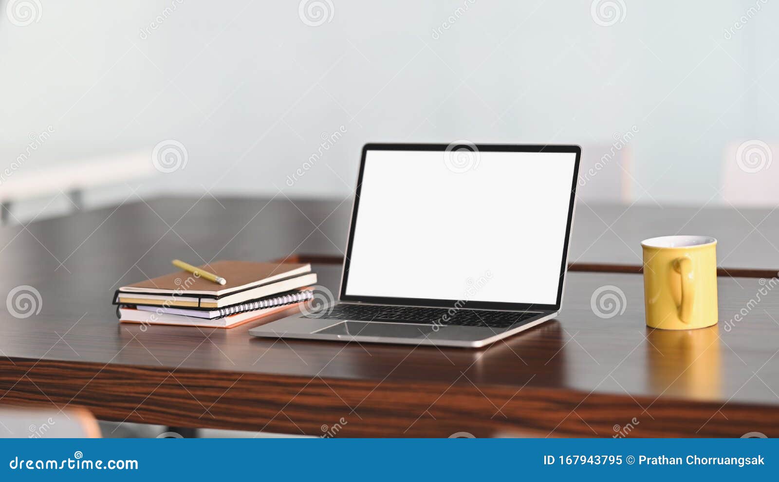 Download Mockup Laptop Computer Isolated White Screen On Meeting Room. Stock Image - Image of background ...