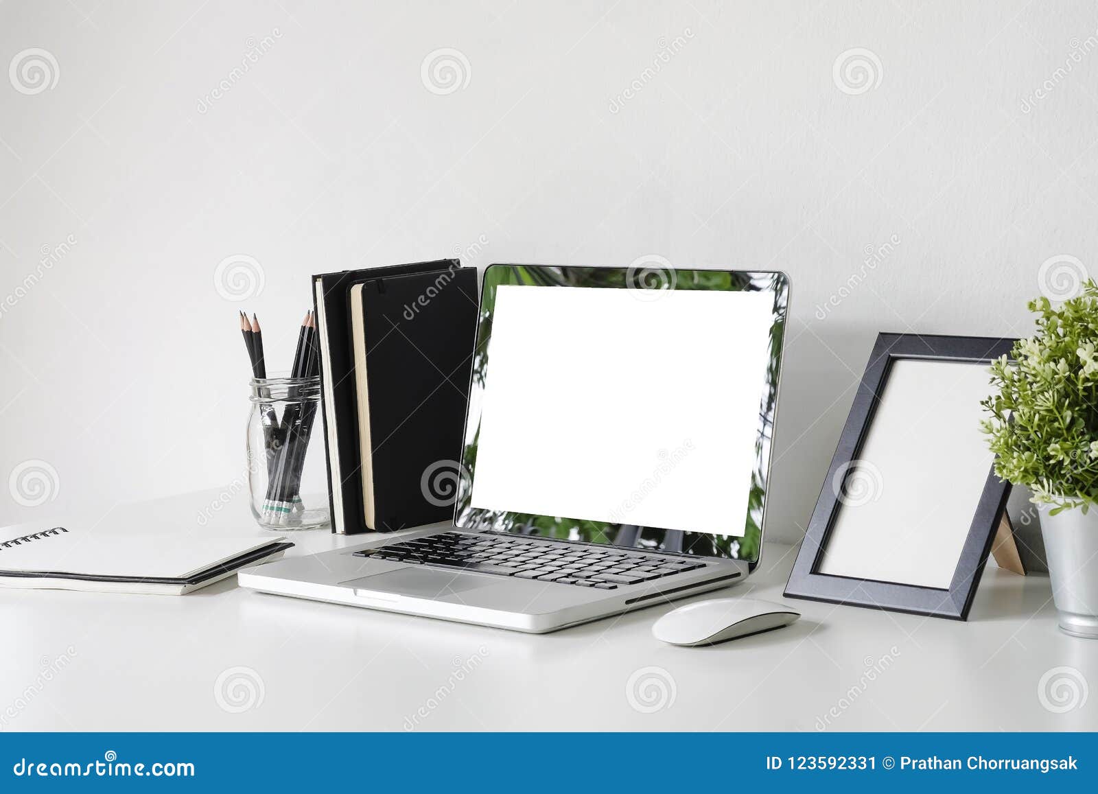 Download Mockup Laptop Computer On Workspace With Photo Frame, Jar ...