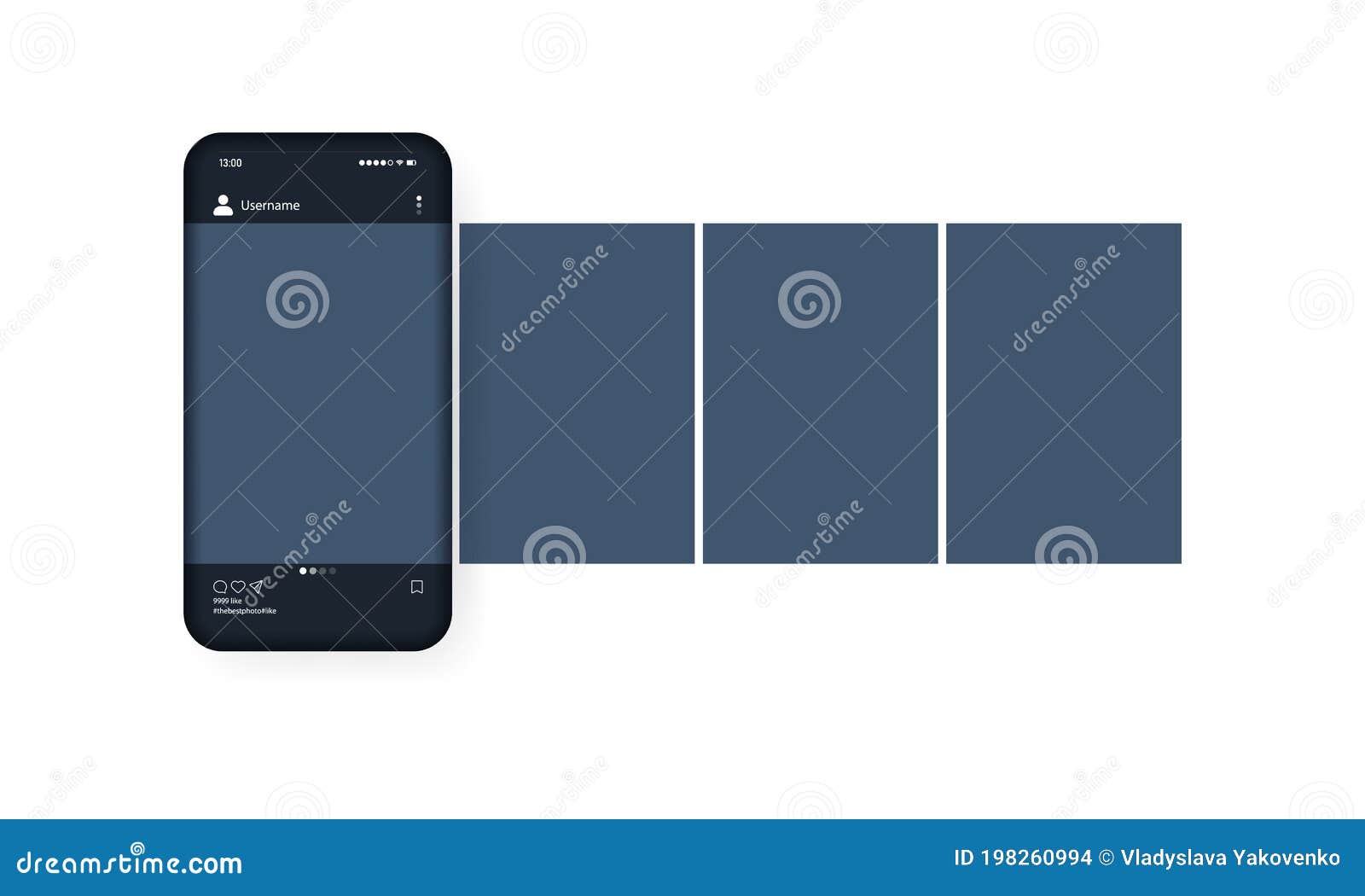mockup of the mobile app with open photo social network. dark theme. photo galery.  eps 10.  on white background