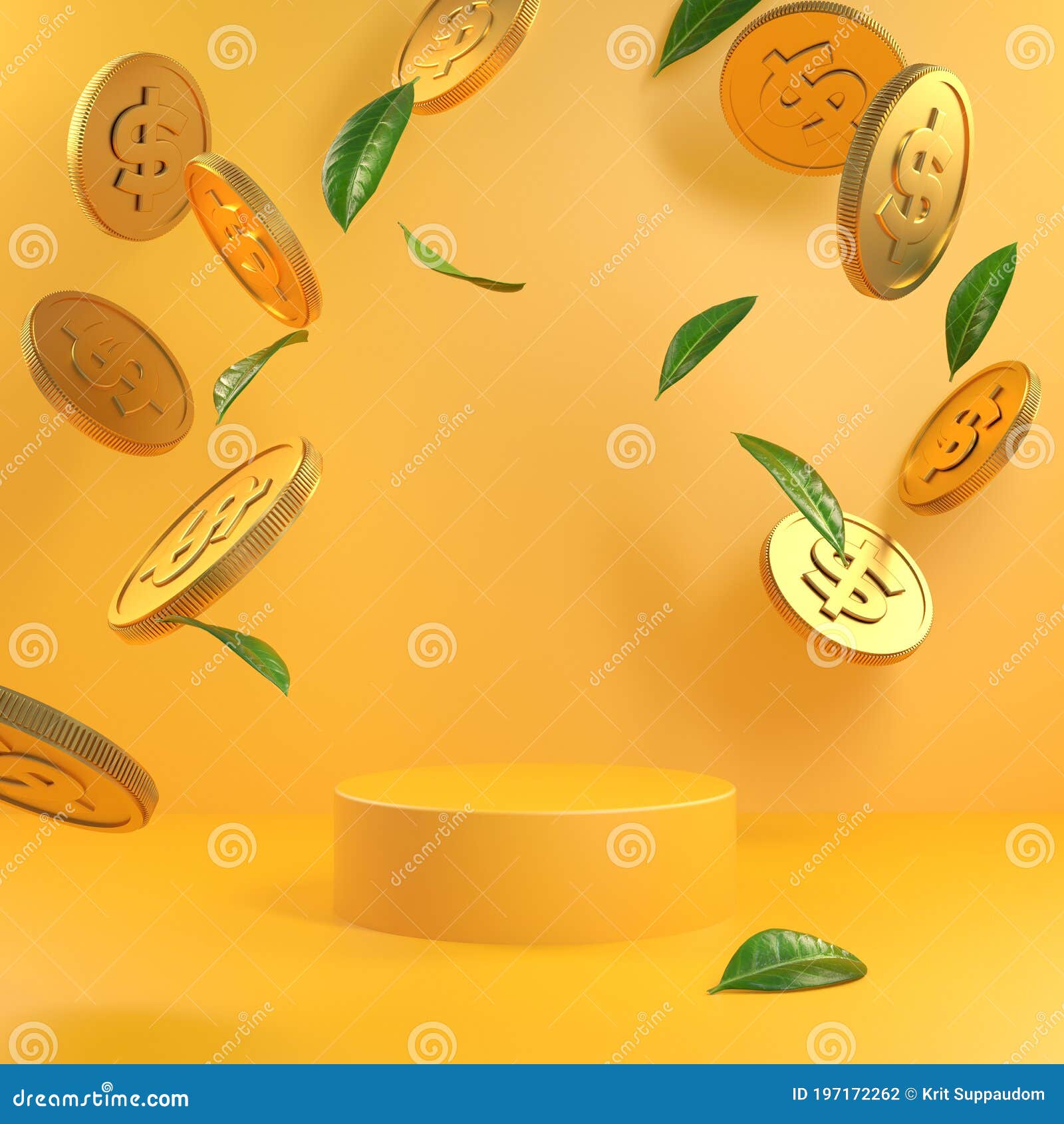 Download Mockup Modern Minimal Yellow Podium With Gold Coins And Green Leaves Falling Financial Concept ...