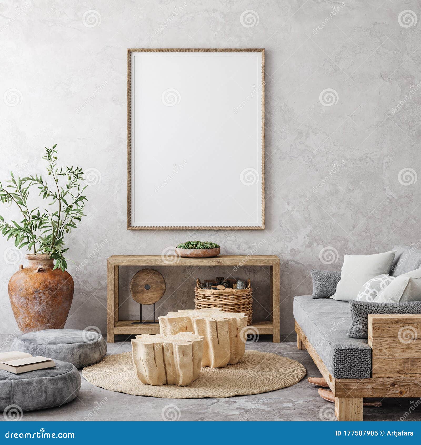 mockup poster in ethnic style living room interior