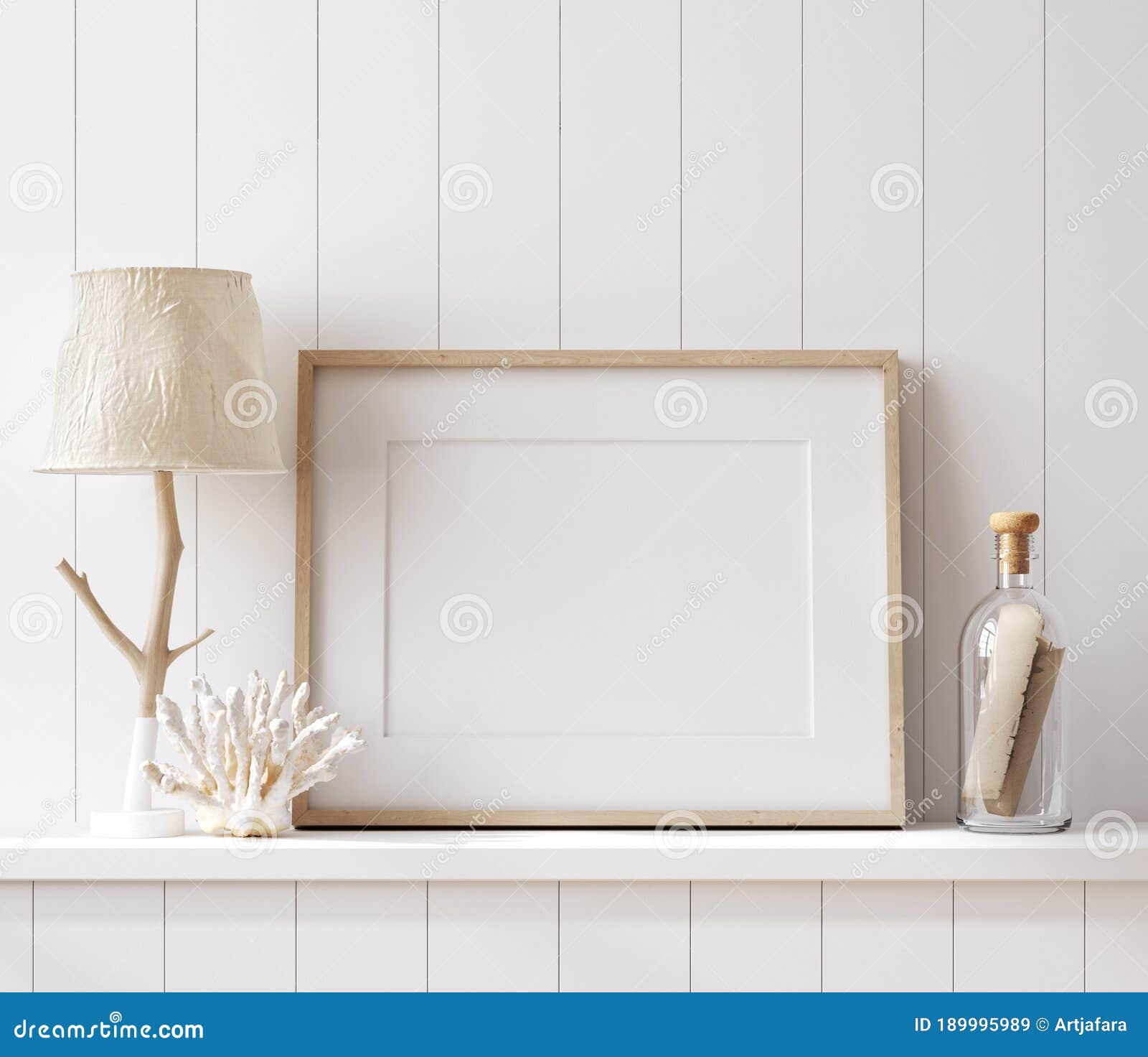 mockup poster frame close up in coastal style home interior