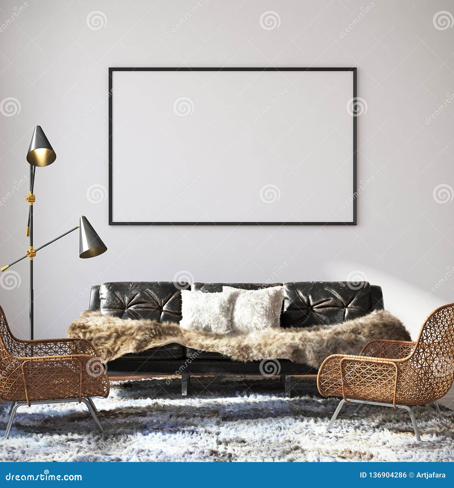 Mockup Poster in Hipster Living Room Interior Stock Illustration