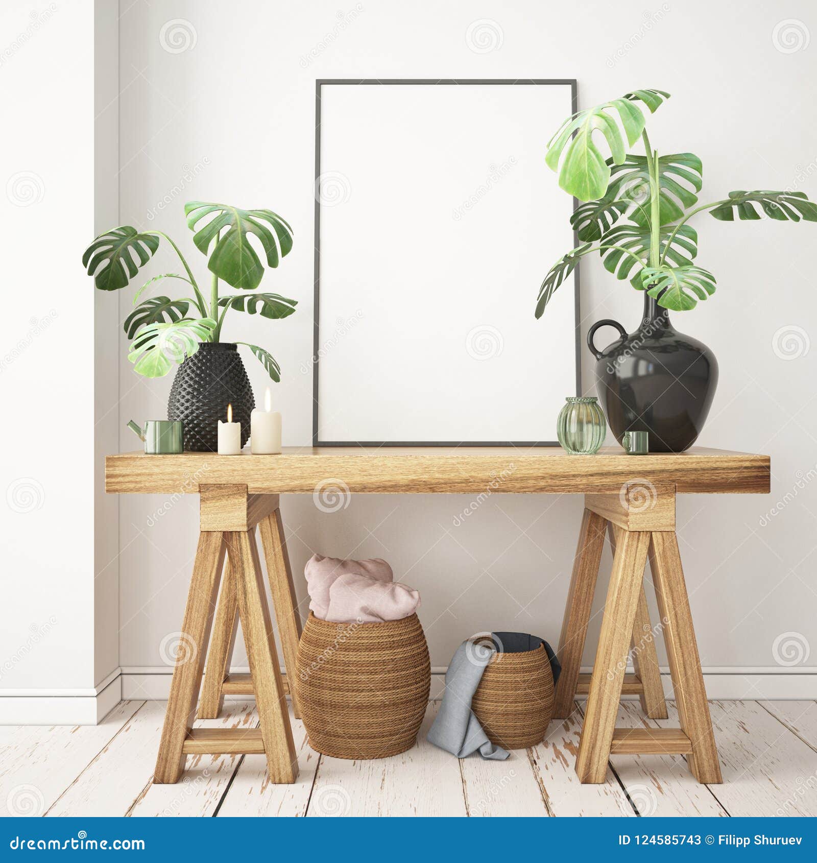 mockup poster in the scandinavian interior with a console table in lagom style.