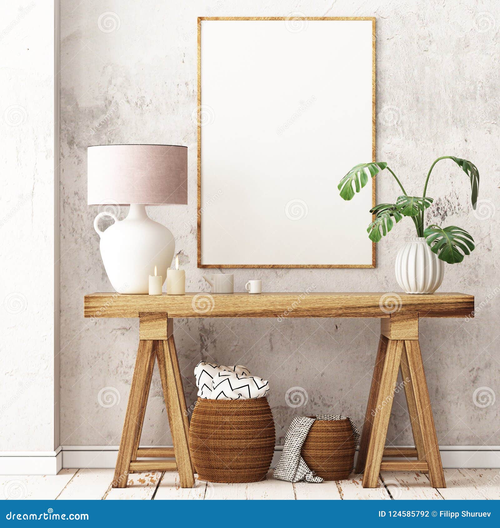 mockup poster in the scandinavian interior with a console table in lagom style.