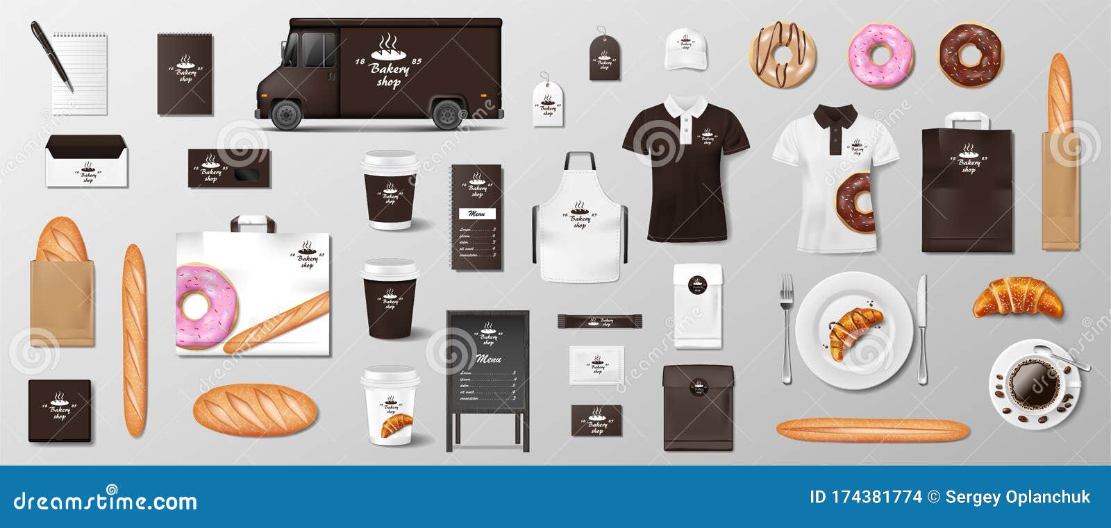 Download Mockup Set For Bakery Shop Cafe Restaurant Brand Identity Realistic Bakery Package Mockup Cup Pack Uniform Shirt Stock Vector Illustration Of Apron Logotype 174381774