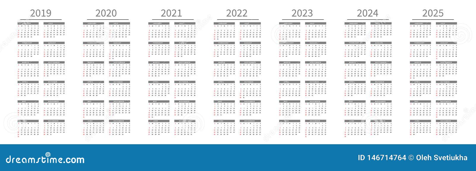 Mockup Simple Calendar Layout For 2019 To 2025 Years Week Starts From