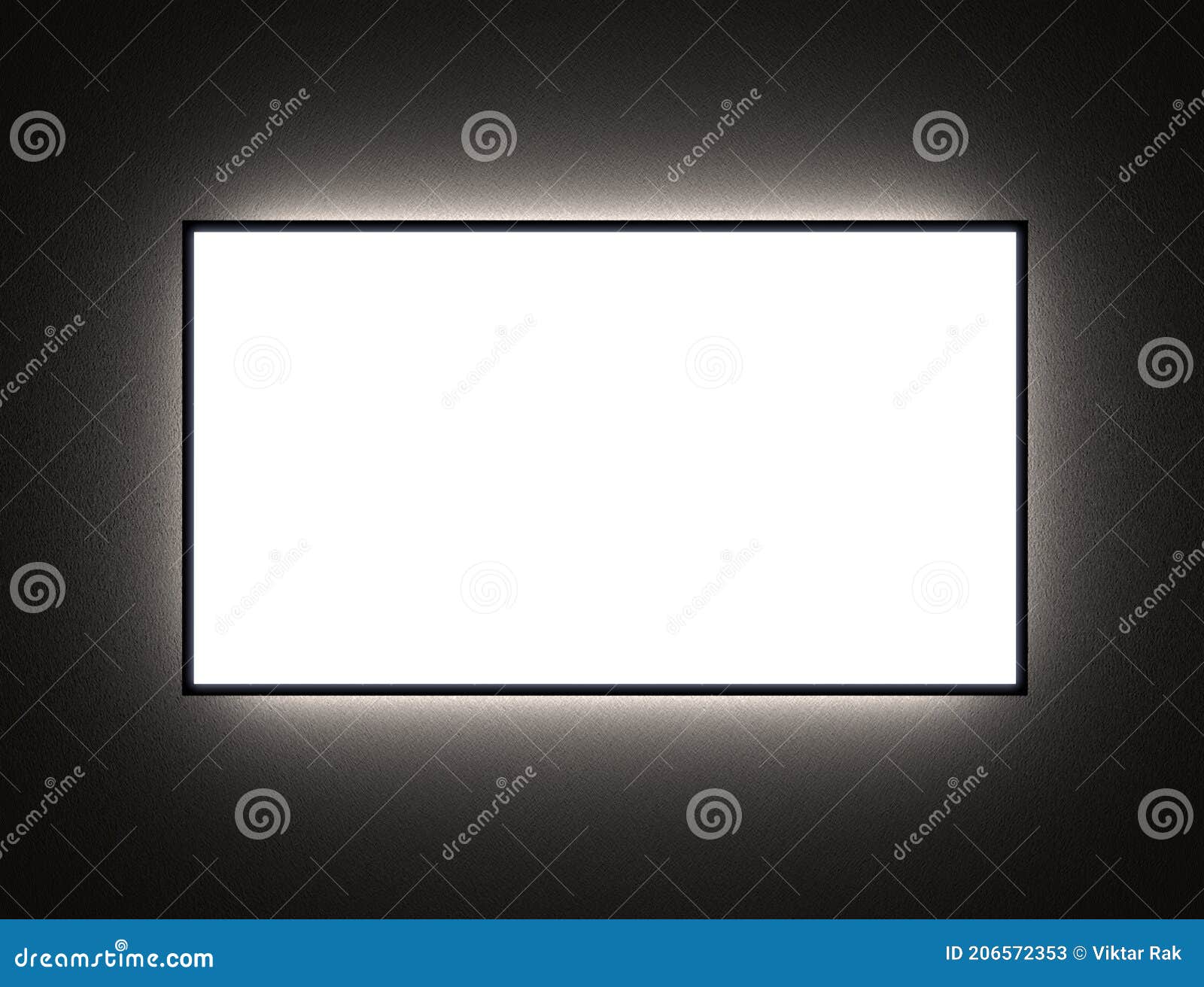 MockUp of TV or Ad Screen with Backlight in the Dark on the Wall Stock