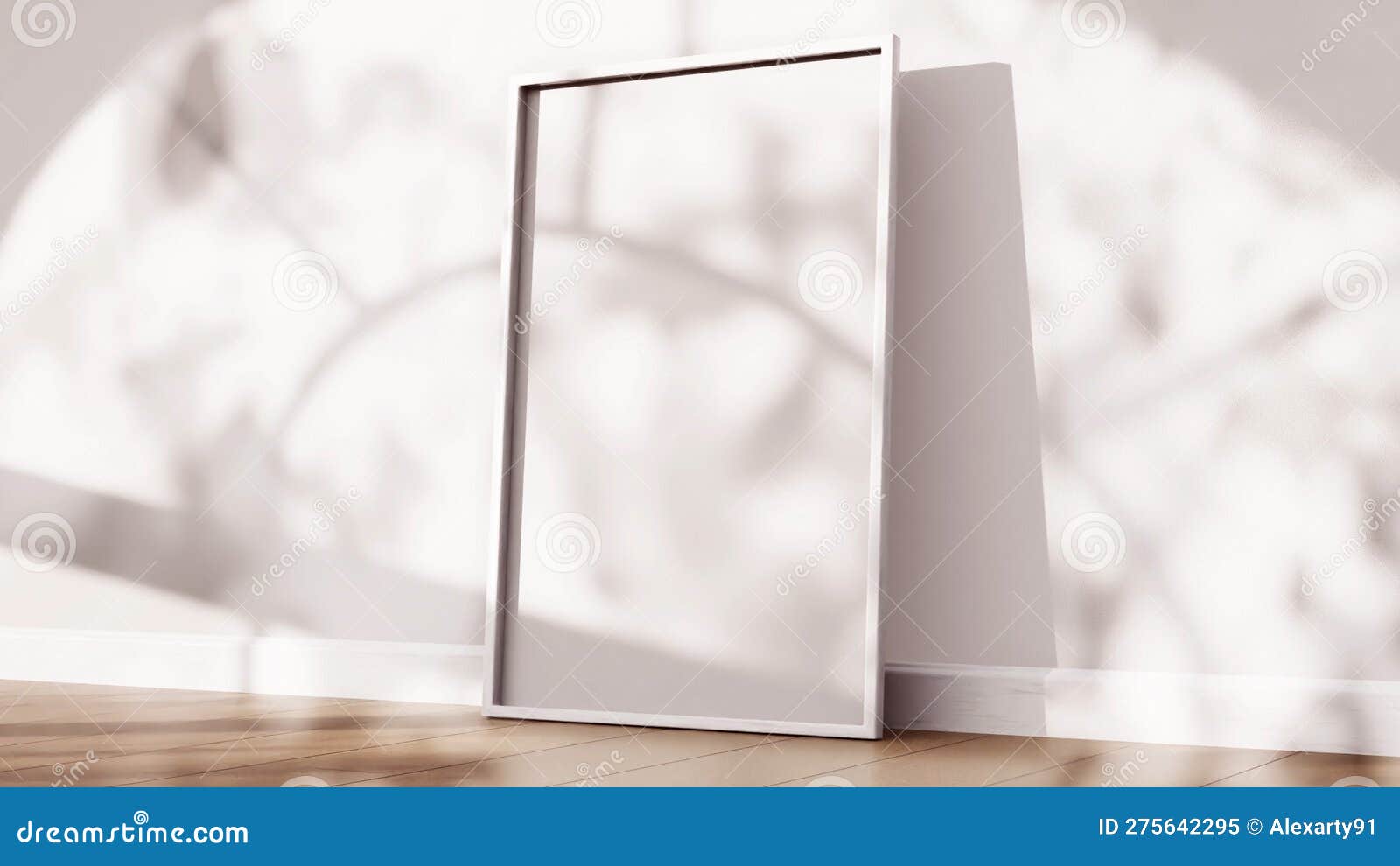 Mockup of Vertical Frame on Wood Floor with Leaves Shadow Stock