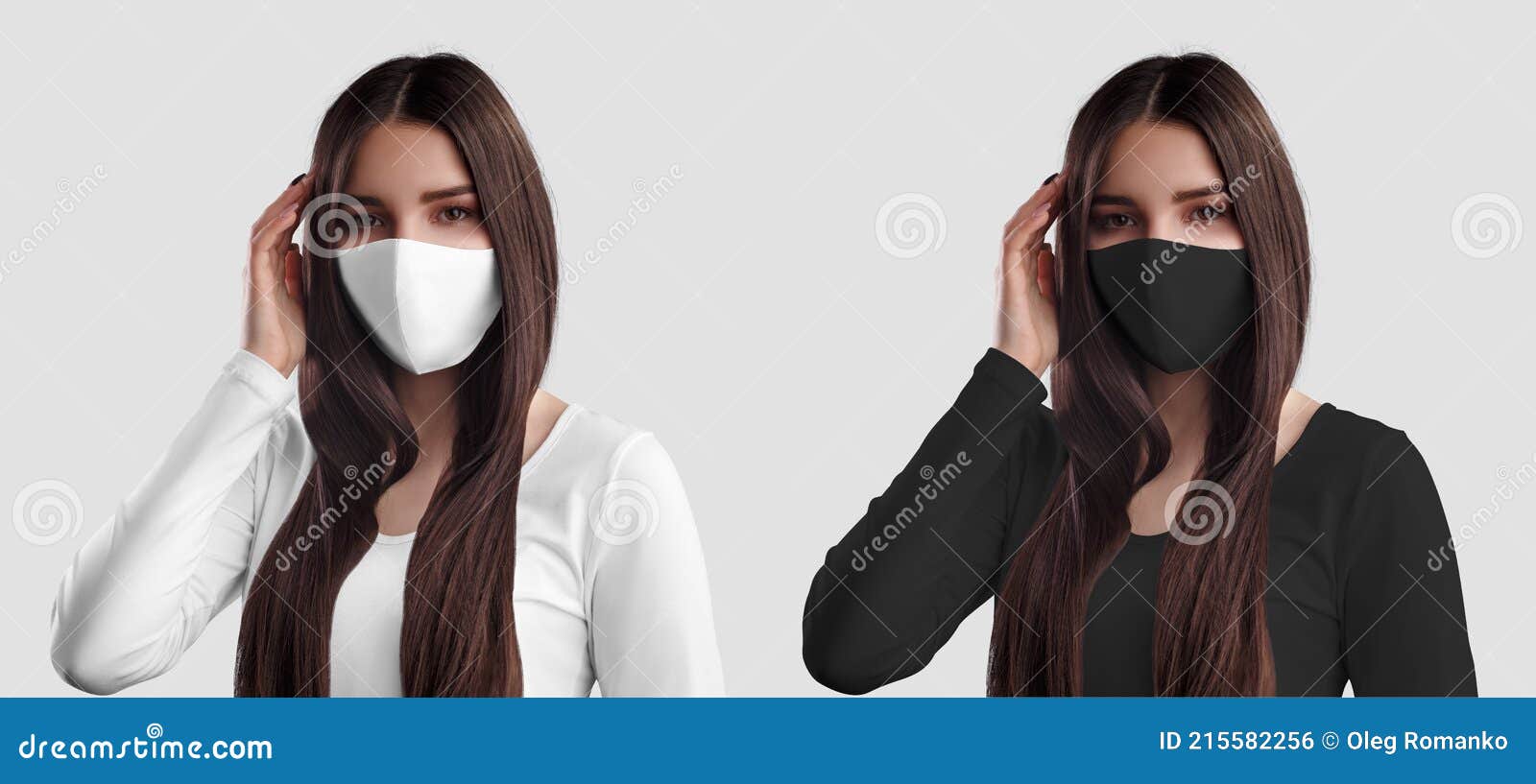 Mockup of White and Black Face Masks on the Girl. Set Stock Photo