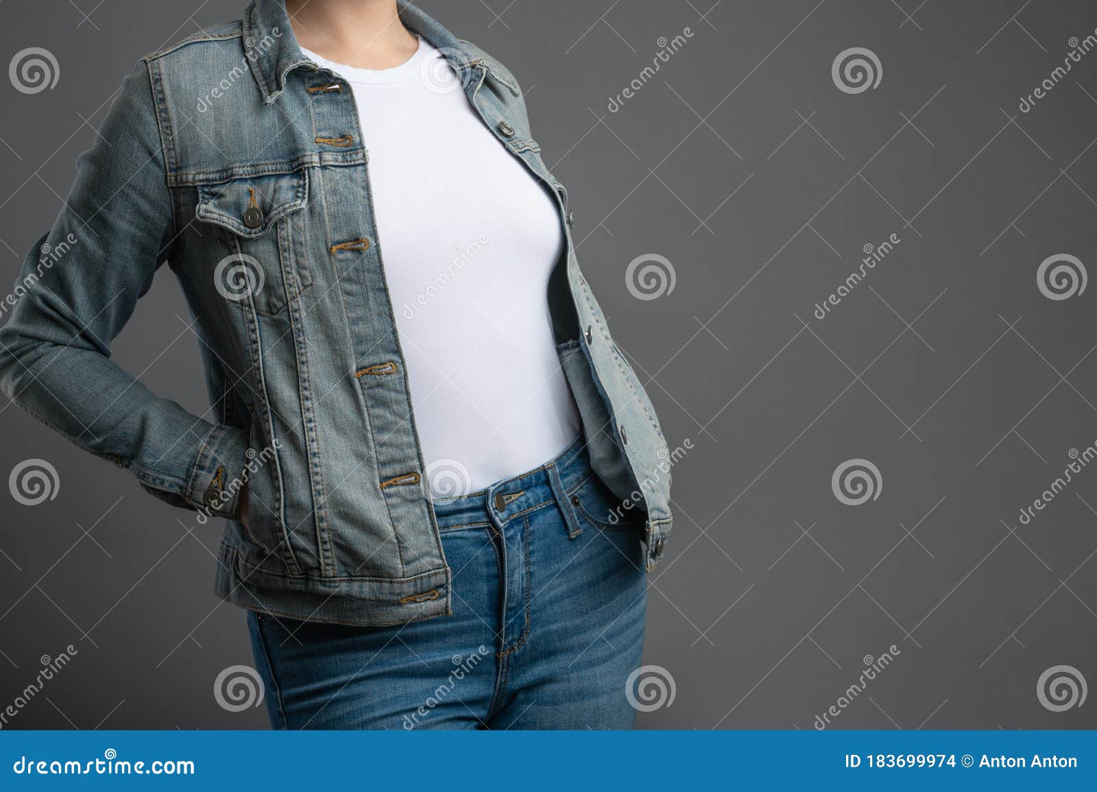 Download Mockup White T-shirt With Denim Jacket On A Gray Background, Isolate For Design Logos, Prints ...