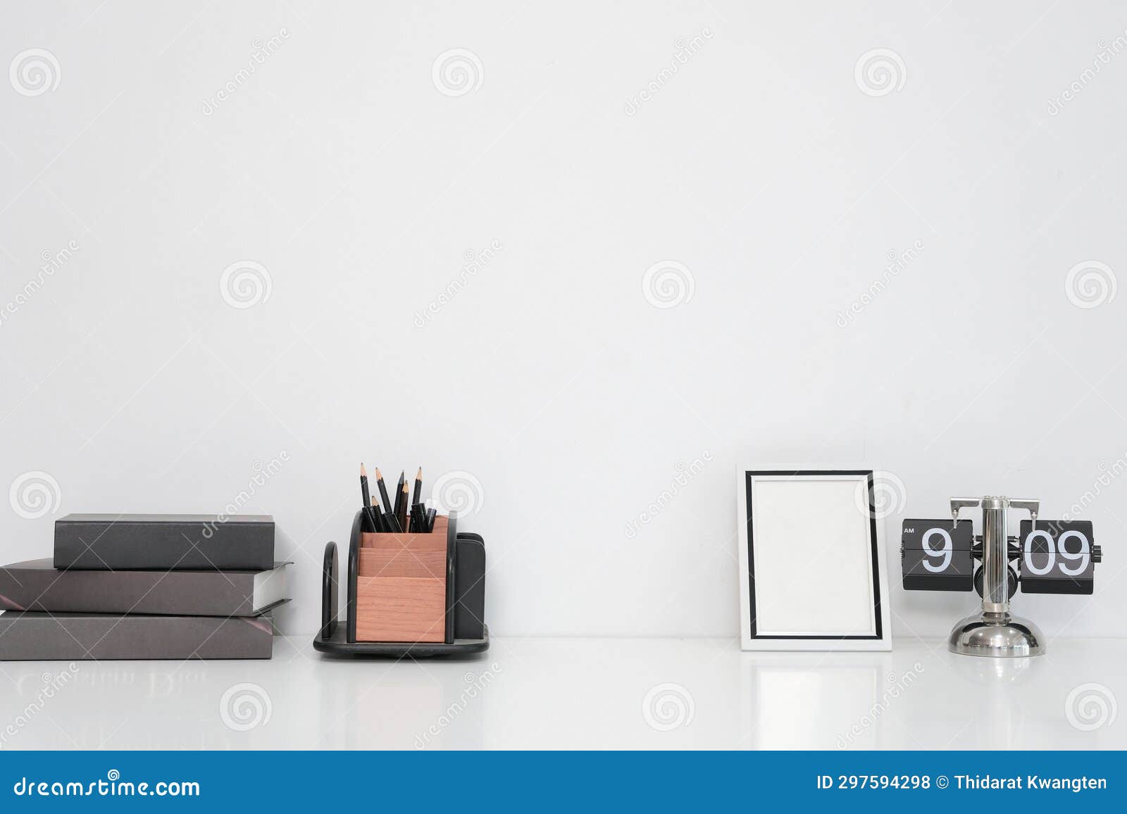 Mockup Workspace Desk and Copy Space Books on White Desk Stock Photo
