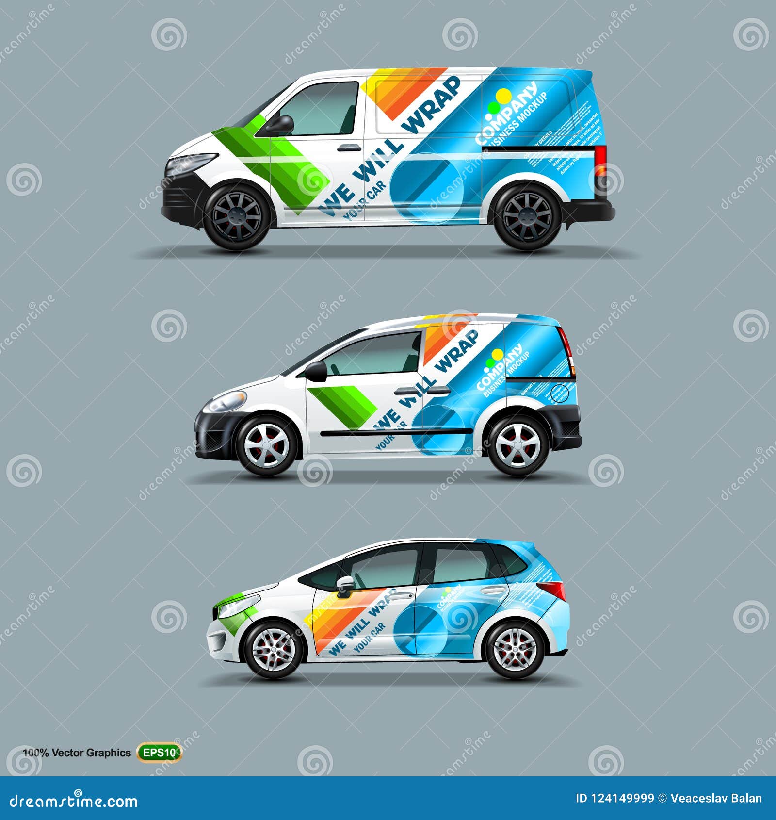 mocup set with advertisement on white car, cargo van, and delivery van.