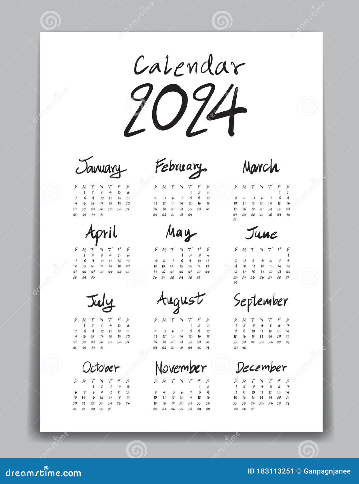Modèle 2024 Calendar Marquant Avec Des Lettres Le Calendrier D'écriture  Tiré Par La Main Calendar Illustration de Vecteur - Illustration du neuf,  publicité: 183113251