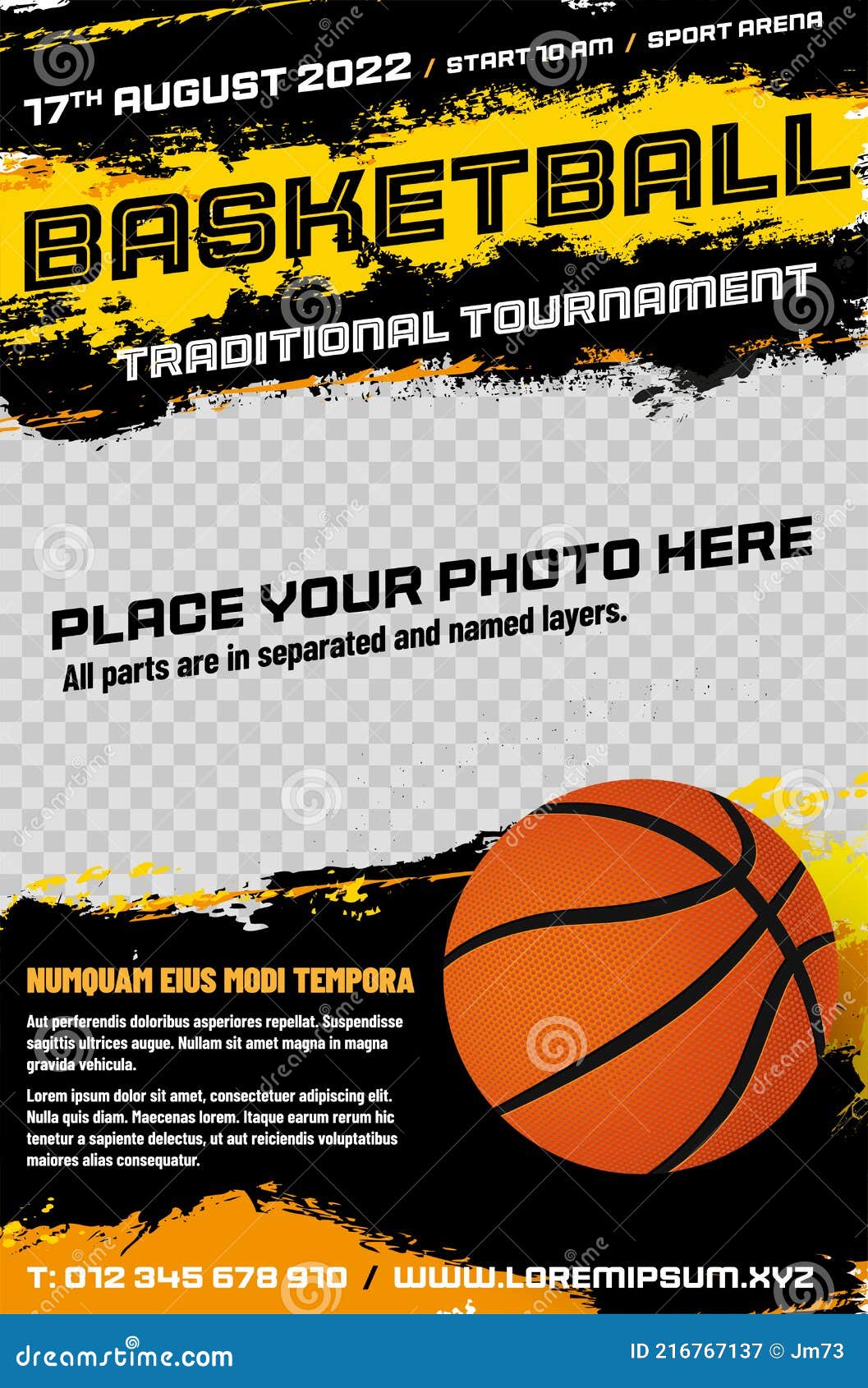 Modèle D'affiche De Tournoi De Basket-ball Avec Ballon Et Lieu Pour La  Photo Illustration de Vecteur - Illustration du matériel, fond: 216767137