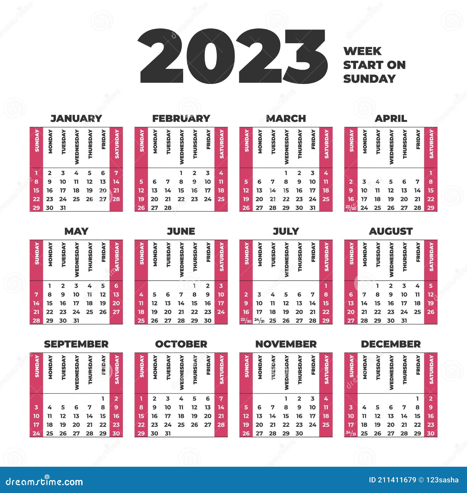 Calendrier Annuel 2023 Semaine à Partir Du Dimanche Illustration de Vecteur  - Illustration du mois, conception: 256598015