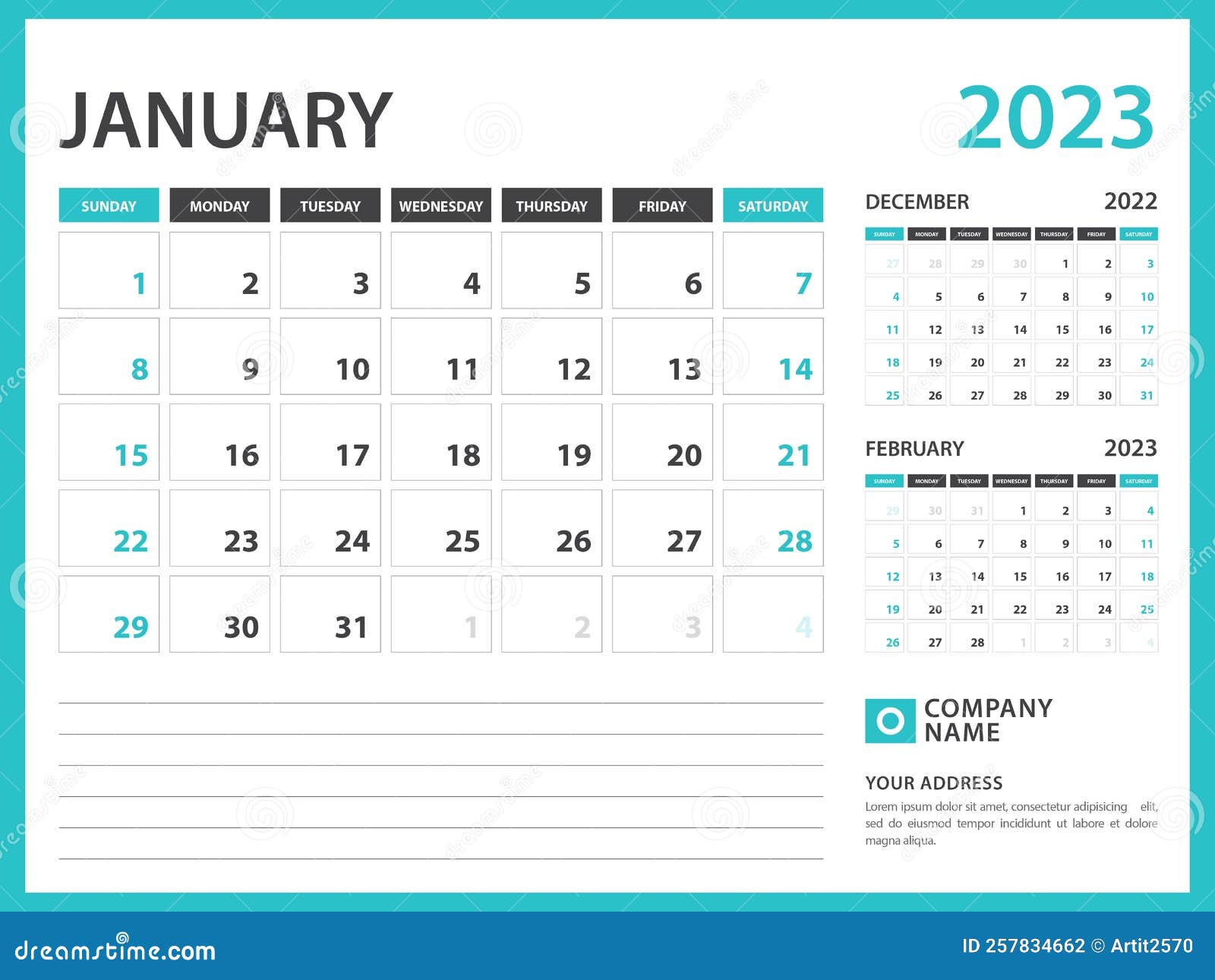 Modèle De Calendrier Mensuel Pour L'année 2023. Janvier 2023 Année