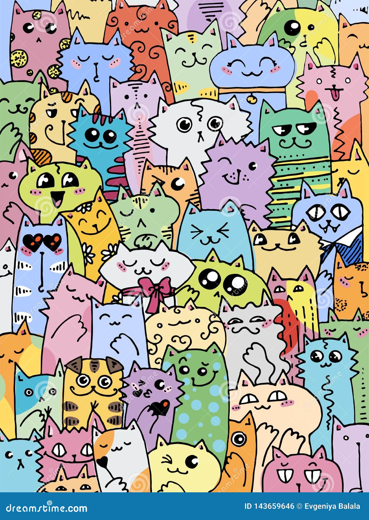 Modele De Chats De Griffonnage De Kawaii Fond Animal Mignon Grand Pour Livre De Coloriage L Emballage L Impression Le Tissu Et Illustration De Vecteur Illustration Du Cartoon Kitty