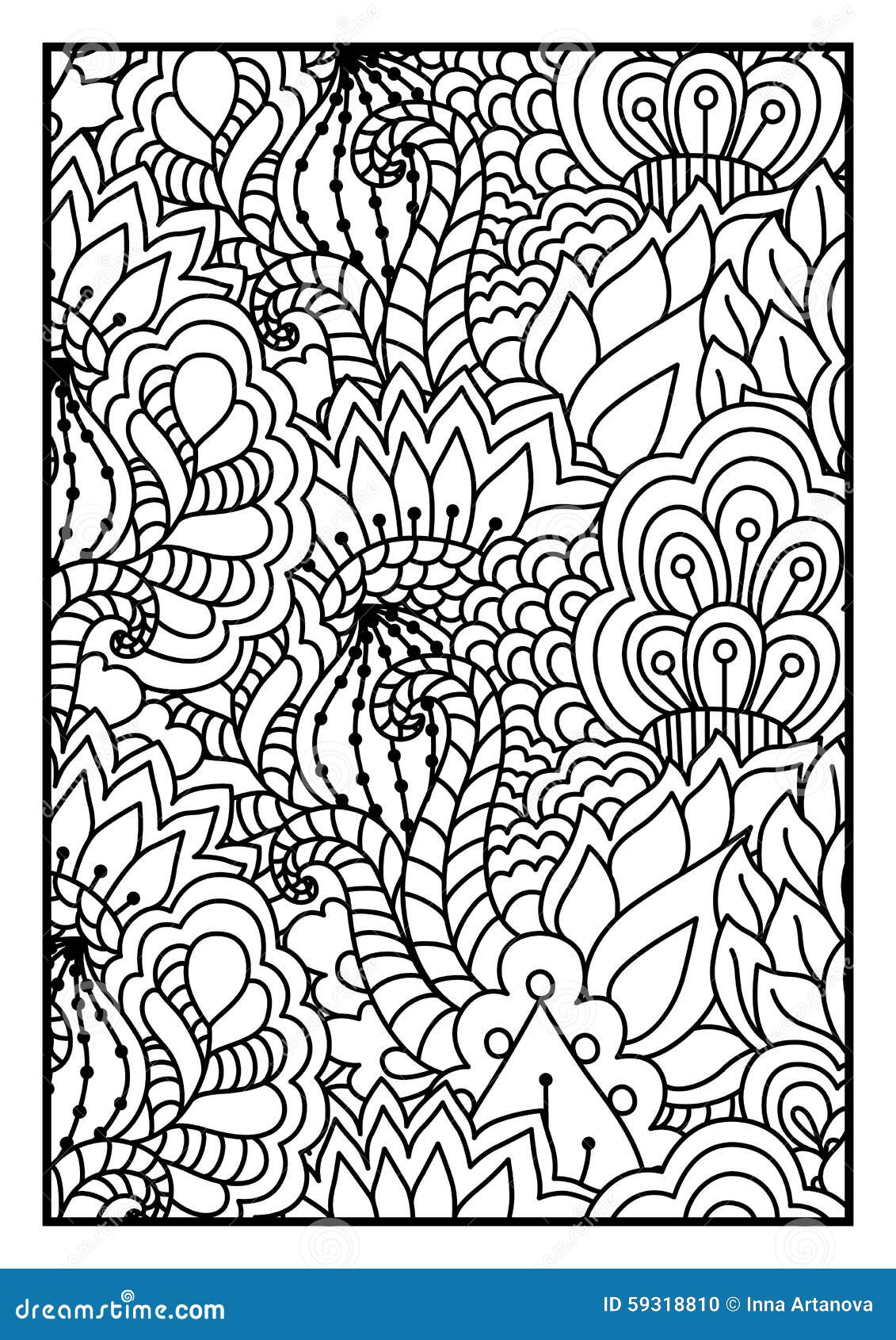 Mod¨le pour livre de coloriage Fond noir et blanc avec les éléments floraux ethniques tirés par la main pour la conception