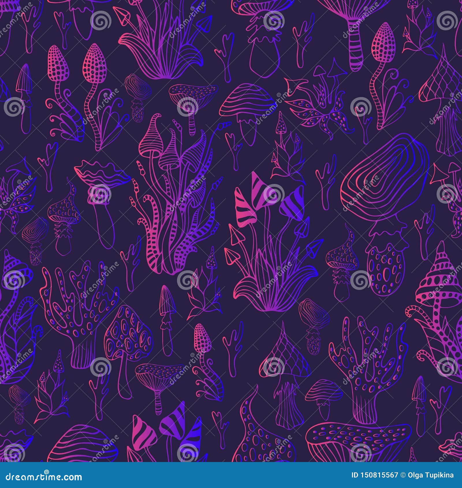 Modele Sans Couture De Champignon Psychedelique Contour Rose Lumineux De Gradient De Violete Fond Fonce De Purpule Illustration De Vecteur Illustration Du Page Dessin