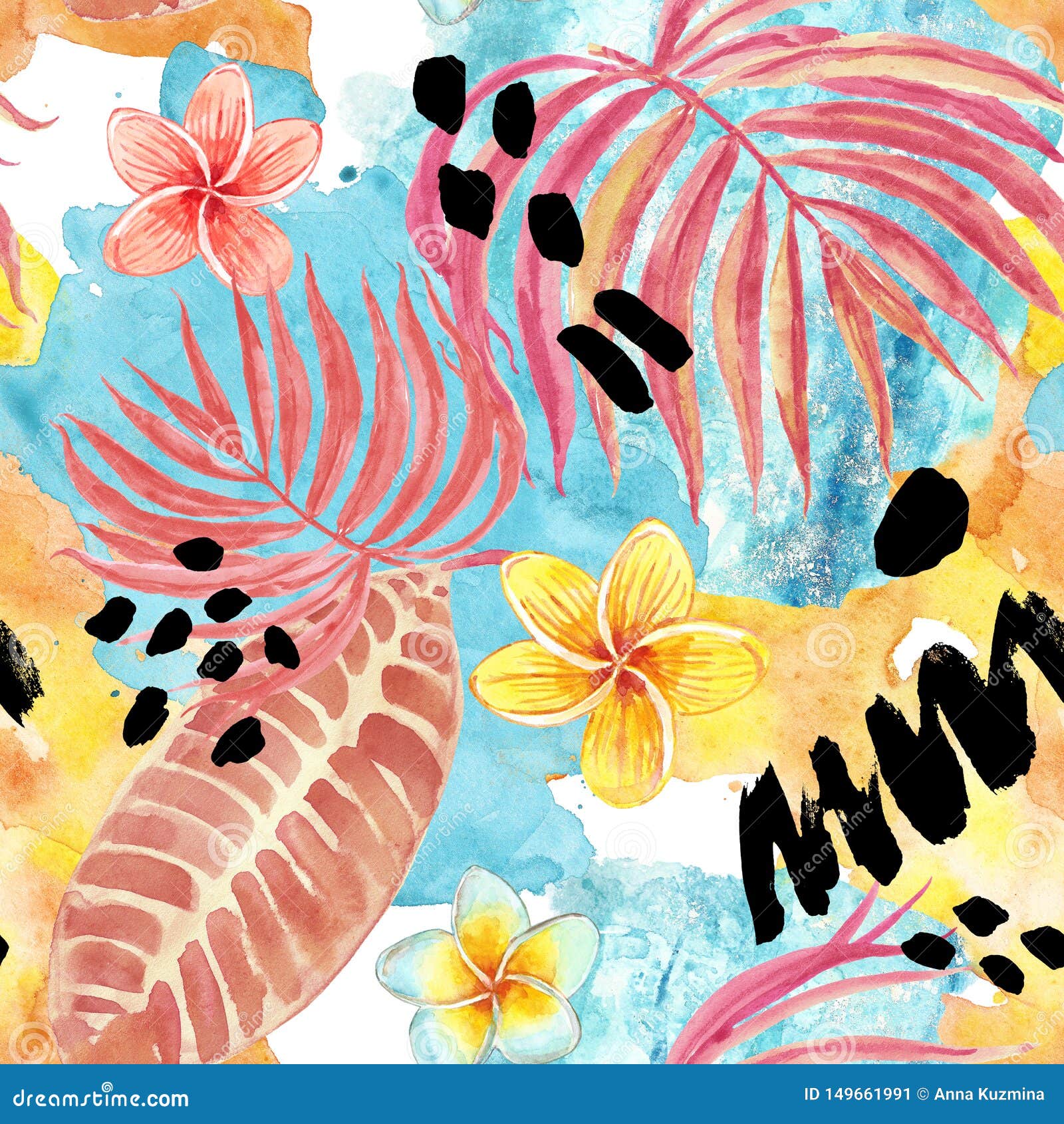 Mod Le Sans Couture De Feuilles Tropicales D Aquarelle Palmette Peinte La Main Fleurs Exotiques De Plumeria Et Feuillage Sur L Illustration Stock Illustration Du Main Feuillage