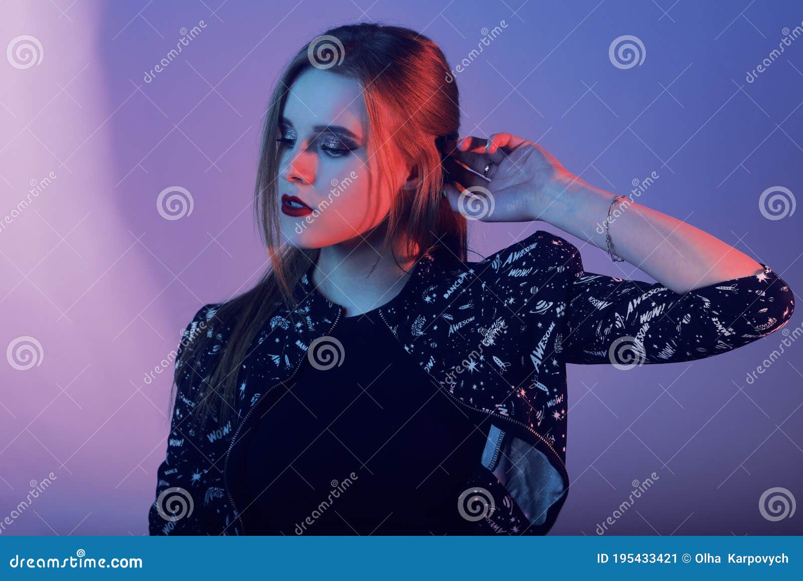 Model with Air Style. Woman in Colorful Bright Lights Posing in Studio,  Portrait of Beautiful Girl with Trendy Make-up and Stock Image - Image of  model, lights: 195433421