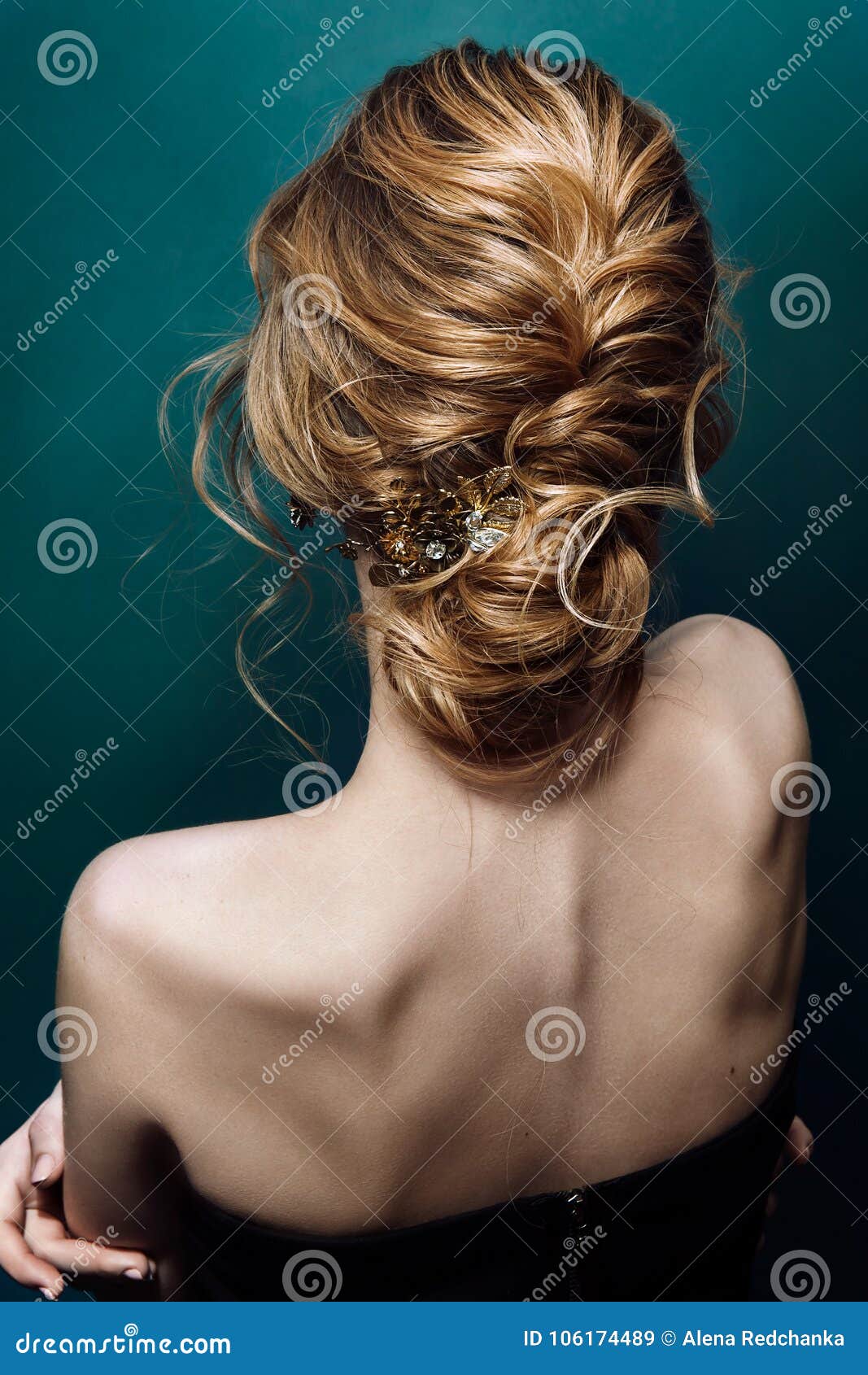 model blonde woman with perfect hairstyle and creative hair-dress, back view.