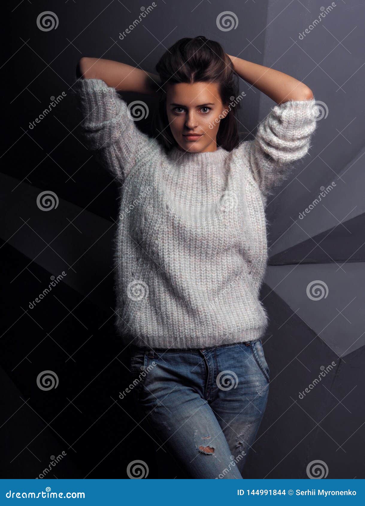 Model Cute Female Brunette at the Techno Geometry Wall Background Stock ...